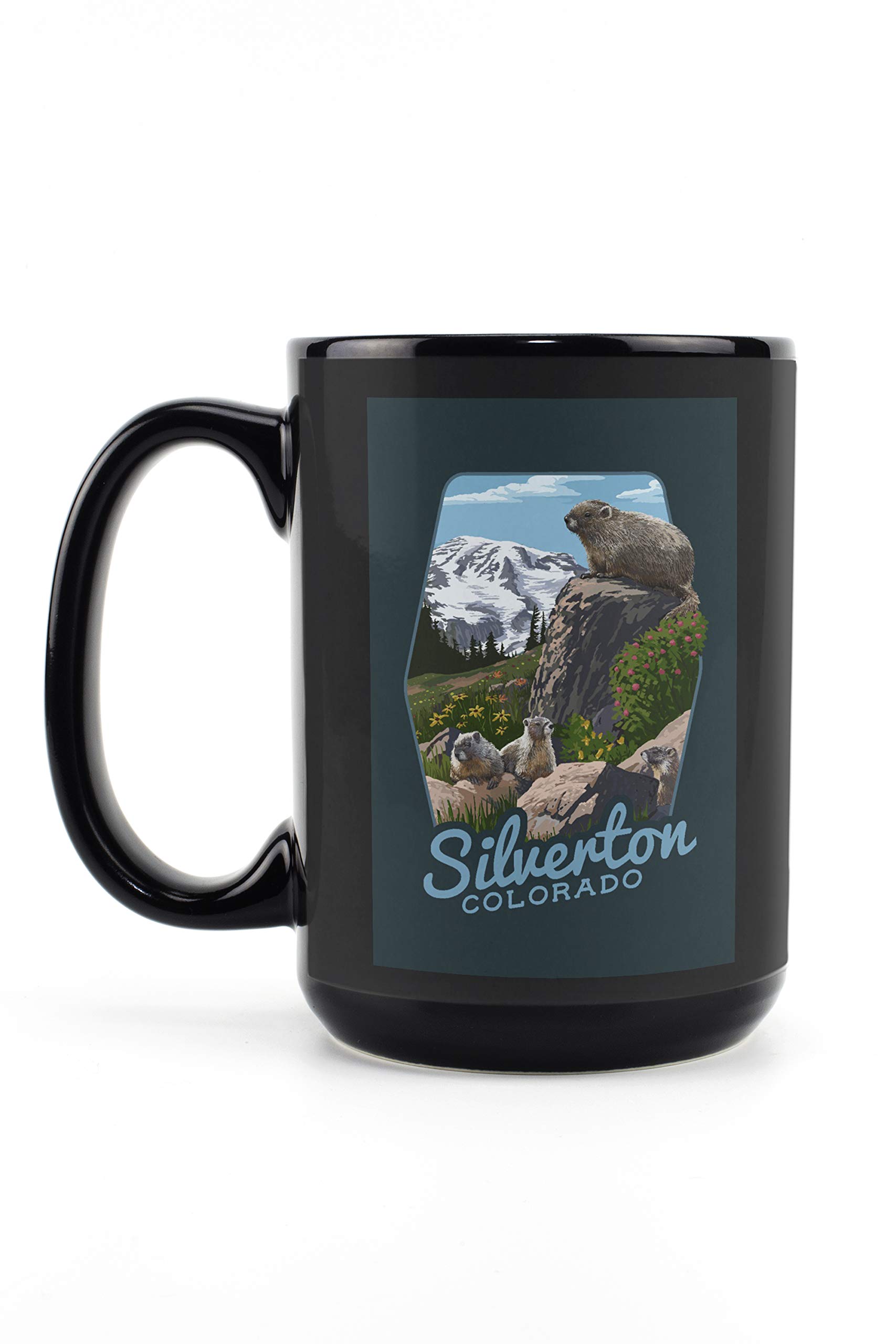 Lantern Press Silverton Colorado Marmots Contour 15oz Black Ceramic Coffee Mug - Microwave & Dishwasher Safe - Perfect for Home, Office & Camping
