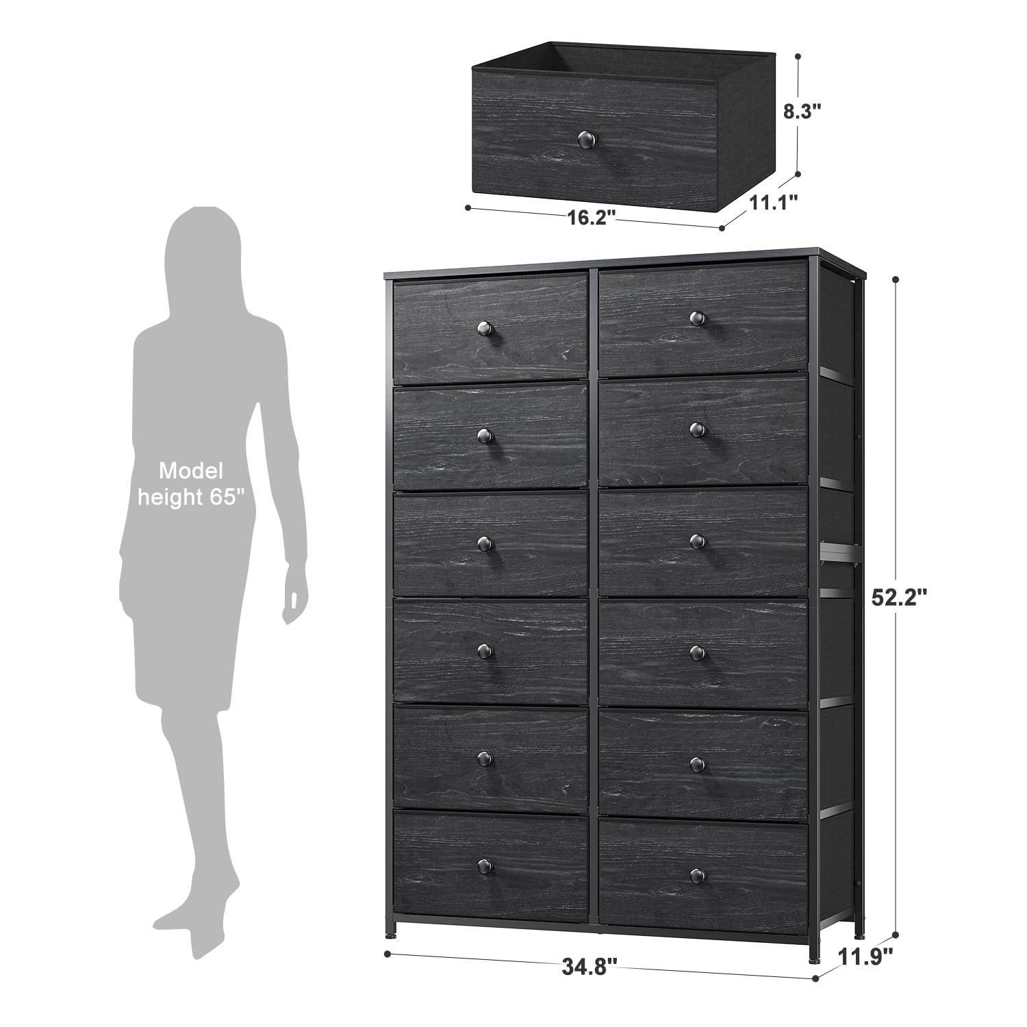 EnHomee 12-Drawer Tall Dresser for Bedroom - Black Wooden Top & Metal Frame Chest of Drawers for Closet, Hallway, Living Room - 34.8