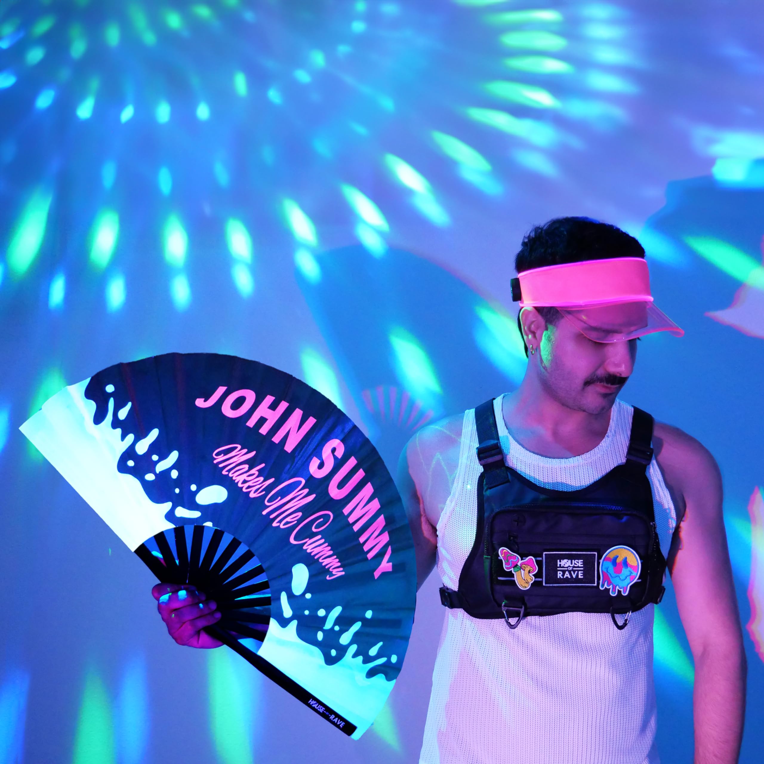 John Summy Rave Fan - Eiffel Tower Daddy Dom Funny Hand Fan - Large UV Glow Folding Fan for Women - 13 Inch Festival Fan - Perfect for Raves, Concerts, Festivals & Summer Cooling