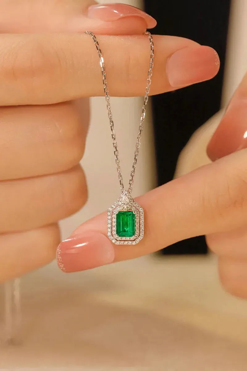 18K White Gold Diamond & Natural Emerald Necklace & Earrings Set for Women - Luxury Elegant Jewelry for Parties, Weddings & Special Occasions