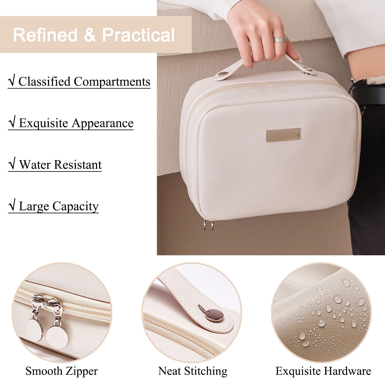 Large Capacity Travel Makeup Bag with Clear Double-Sided Compartments & Brush Holder - Waterproof PU Leather Cosmetic Organizer & Toiletry Bag for Women (Beige) - Perfect for Air Travel, Gym, and Daily Beauty Essentials