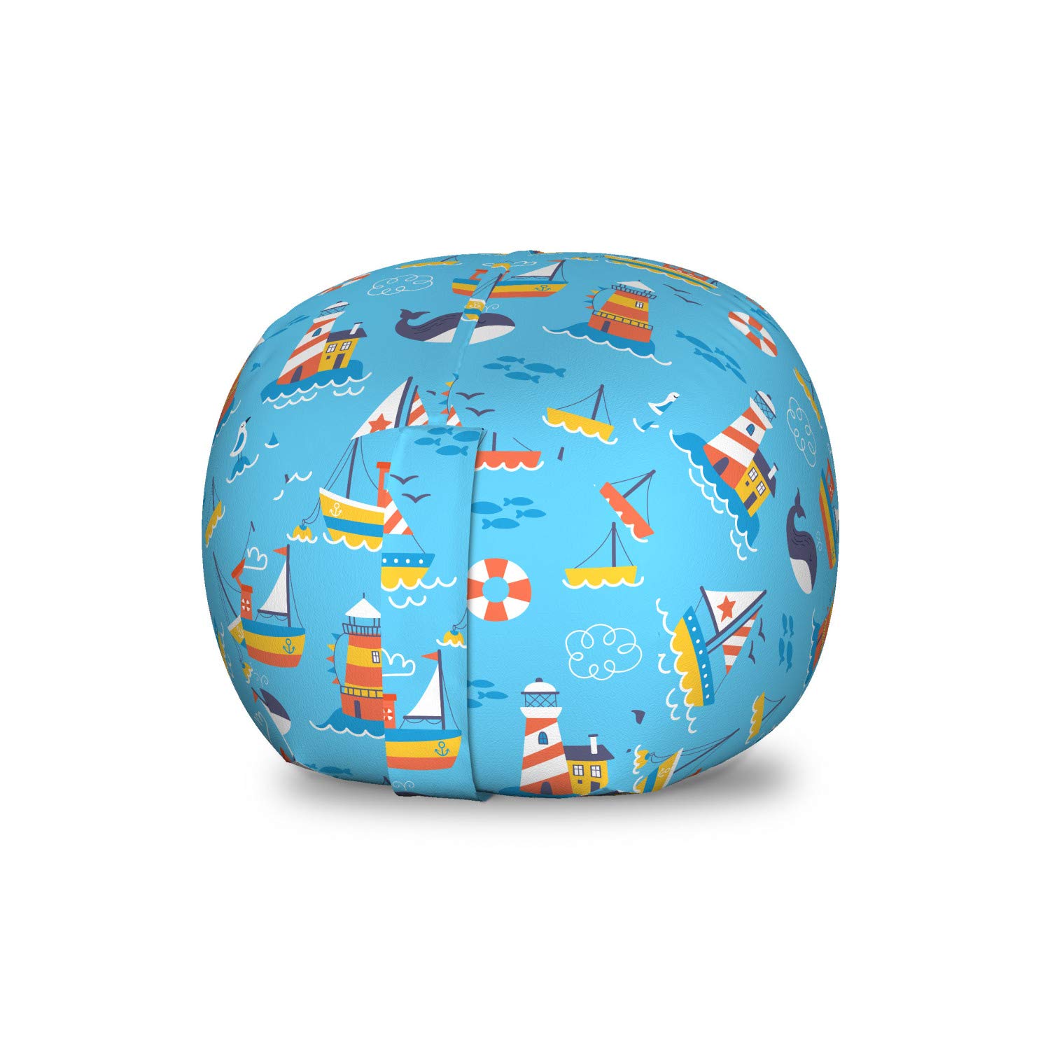 Ambesonne Sea Life Storage Toy Bag Chair - Whale, Seagulls, Boats & Lighthouse Design - Washable Stuffed Animal Organizer for Kids Room - Small Size Sky Blue Multicolor - Perfect for Nursery, Playroom & Bedroom Organization