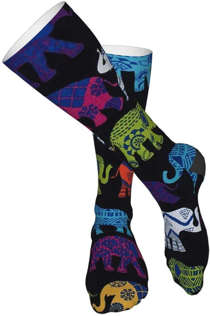 Black Elephants Compression Socks for Men & Women - Crazy Patterned Fun Long Cotton Socks Over The Calf - Perfect for Running, Travel & Work