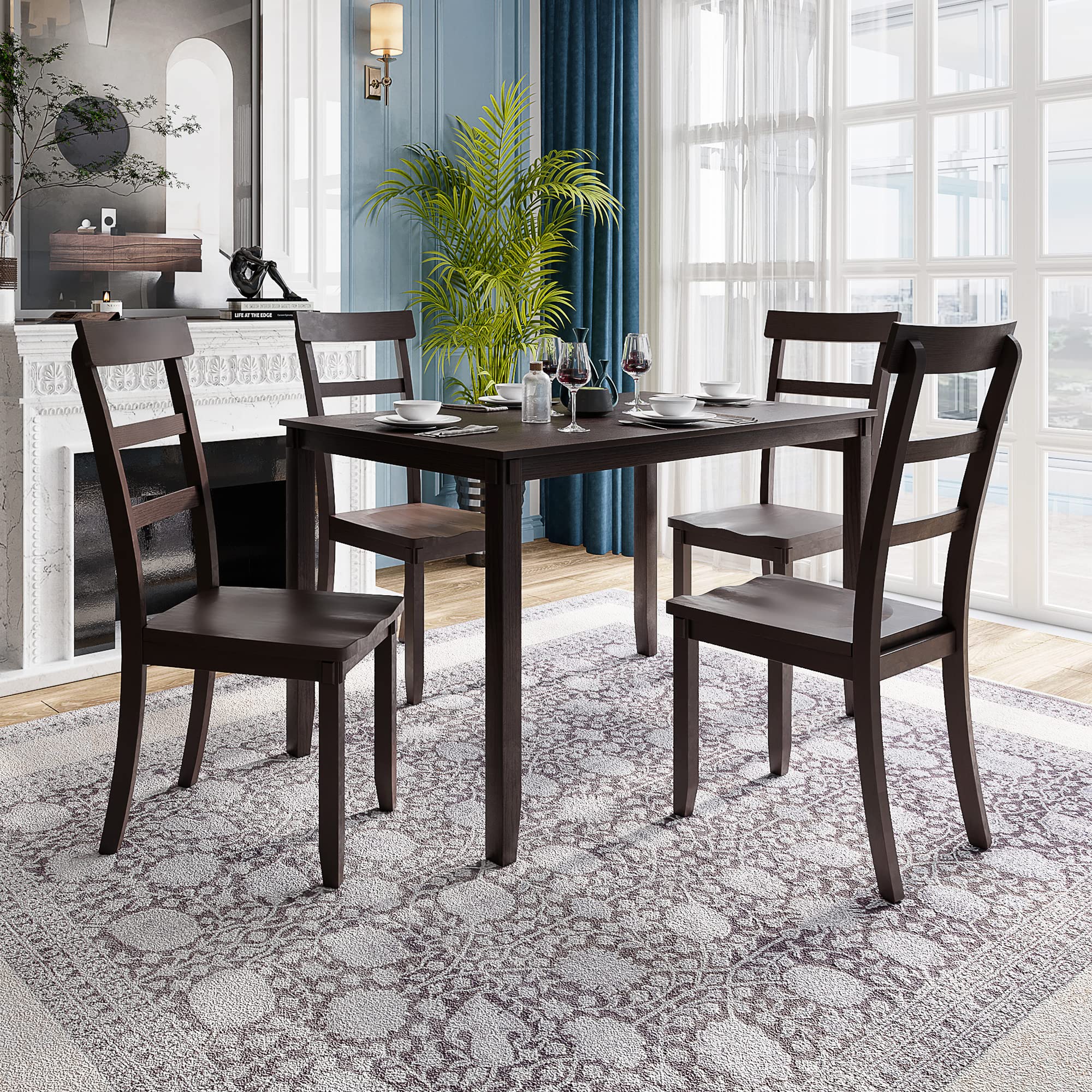 LZ LEISURE ZONE 5-Piece Wooden Dining Table Set - Espresso Kitchen Table & Chairs for Small Spaces, Breakfast Nook, Apartment Dining | Perfect for Family Meals & Entertaining Guests