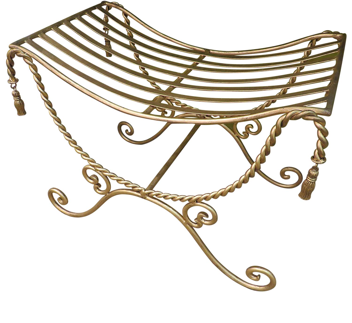 MY SWANKY HOME Antique Gold Twisted Iron Vanity Bench with Tassel Foot - Romantic Vintage Style Stool for Bedroom Dressing Table, Boudoir & Makeup Area