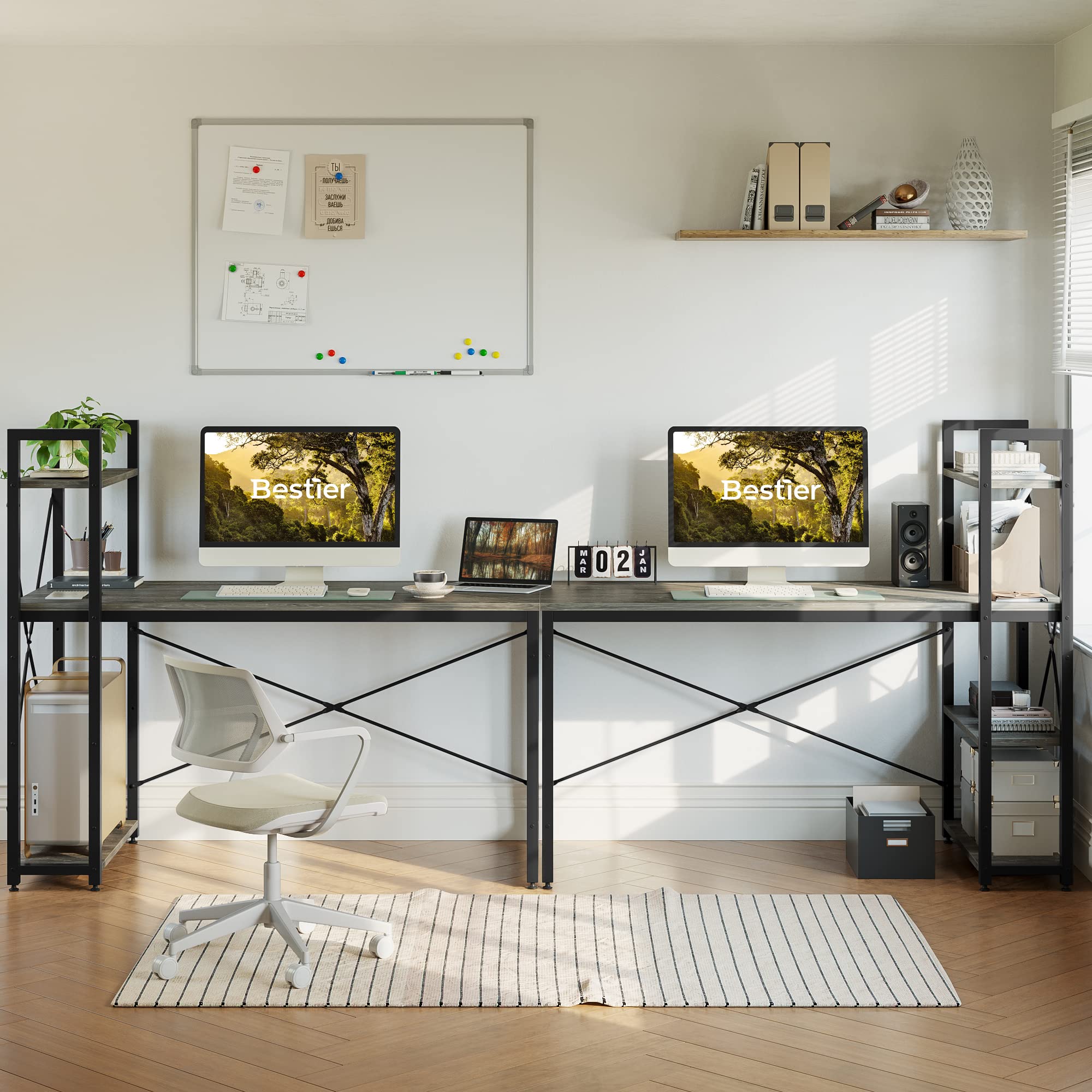 Bestier 55 Inch Computer Desk with Storage Shelves - Reversible Bookshelf Home Office Desk, Spacious Leg Room & Easy Assembly, Grey - Perfect for Small Spaces, Gaming & Remote Work Setup