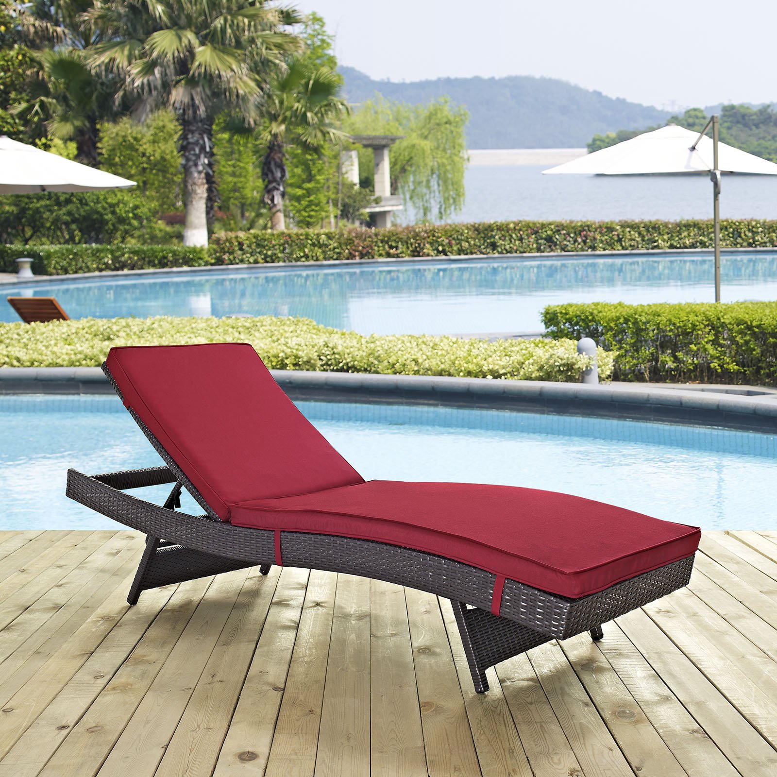 Modway Convene Wicker Rattan Outdoor Patio Chaise Lounge Chair - Espresso Red - Weather-Resistant & Comfortable for Poolside, Garden, and Backyard Relaxation