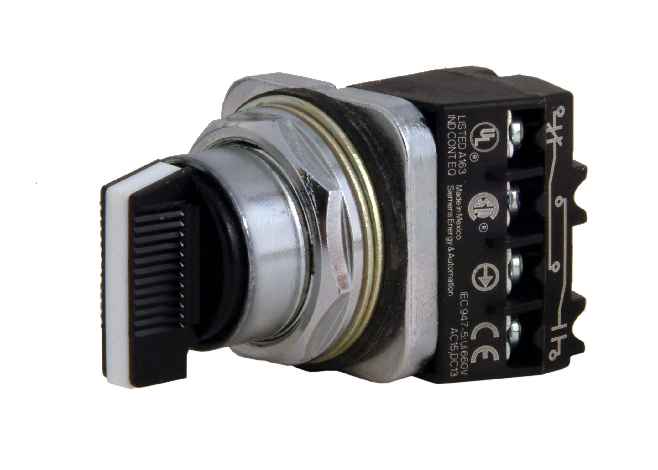 Siemens 52SA2CDBA1 Heavy Duty Selector Switch Unit - 30mm White Short Lever, 3 Position CAM C (Maintained Center, Momentary Left/Right), 1NO+1NC Contact, Chrome Finish, Watertight & Oiltight - Ideal for Industrial Control Panels, Machinery, and Harsh Environments