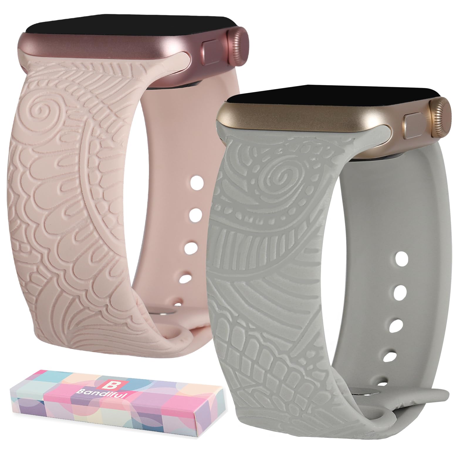 2 Pack Elegant Tropical Flower Engraved Replacement Bands for Apple Watch 38mm 40mm 41mm 42mm 44mm 45mm 49mm - Compatible with iWatch Series 8/7/6/5/4/3/2/1/SE/Ultra - Stylish Unisex Watch Strap for Workout, Office & Casual Wear