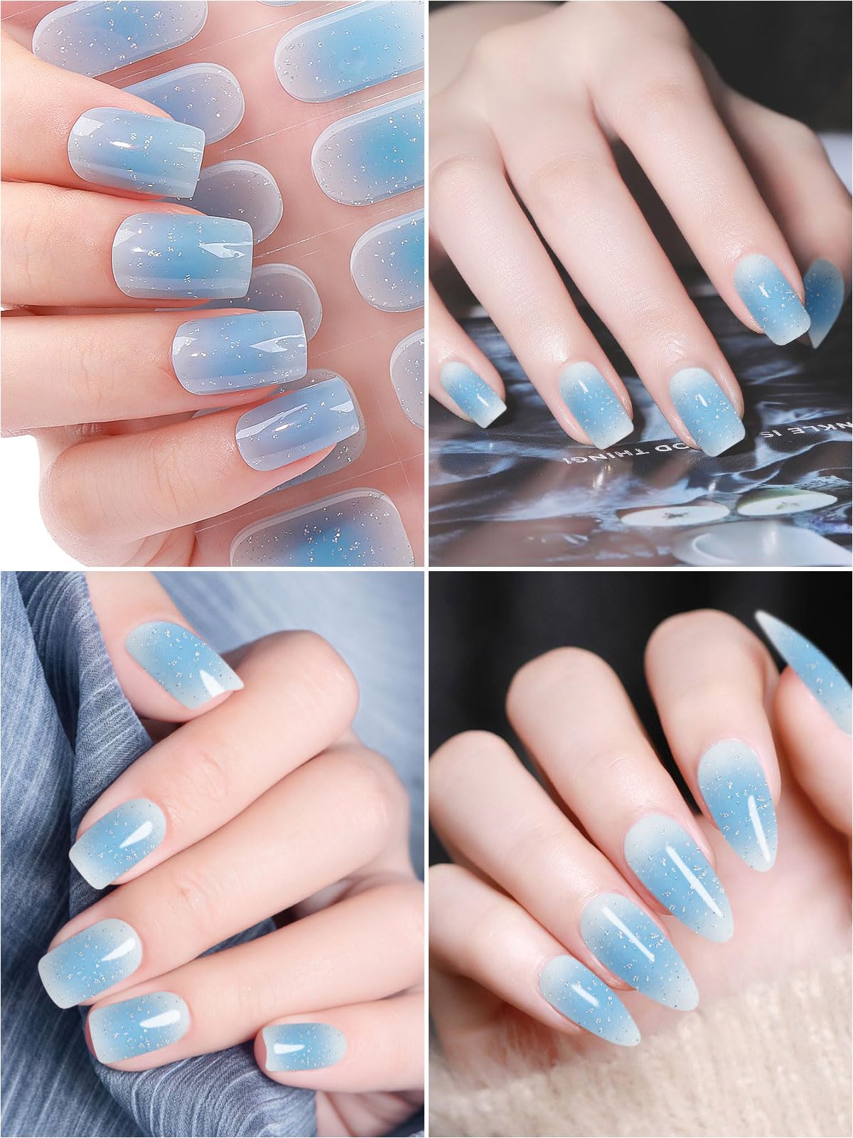 EBANKU 32PCS Cured Gel Nail Strips - Long Lasting Waterproof Nail Polish Stickers, Full Wrap DIY Nail Art Kit with UV/LED Lamp Required (Blue) | Perfect for Salon, Home Manicure, Parties & Special Occasions