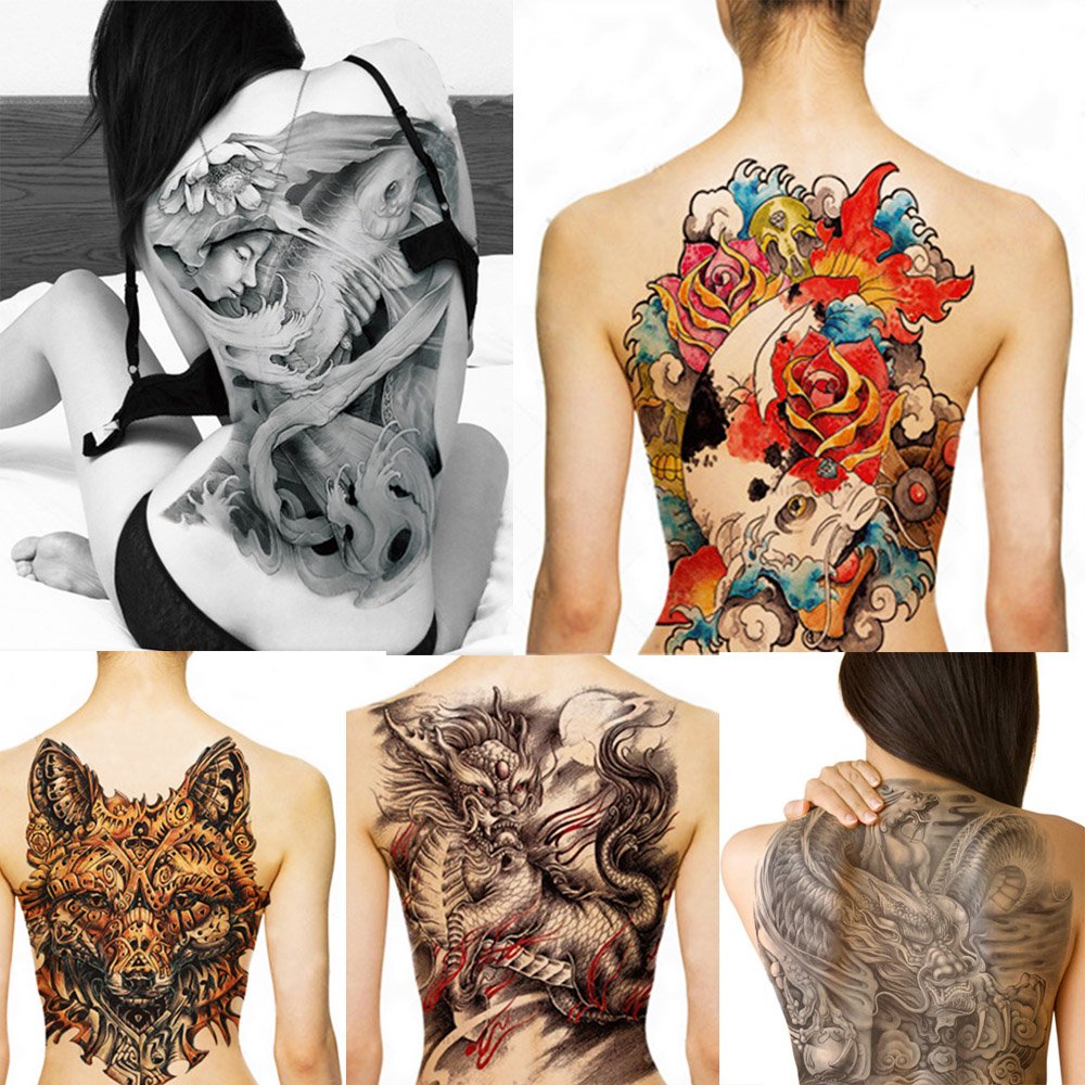 Glaryyears Large Full Back Temporary Tattoo - 3 Pack Realistic Fake Tattoo Stickers for Adults (Dragon & Tiger Designs) - Perfect for Halloween, Cosplay & Body Art