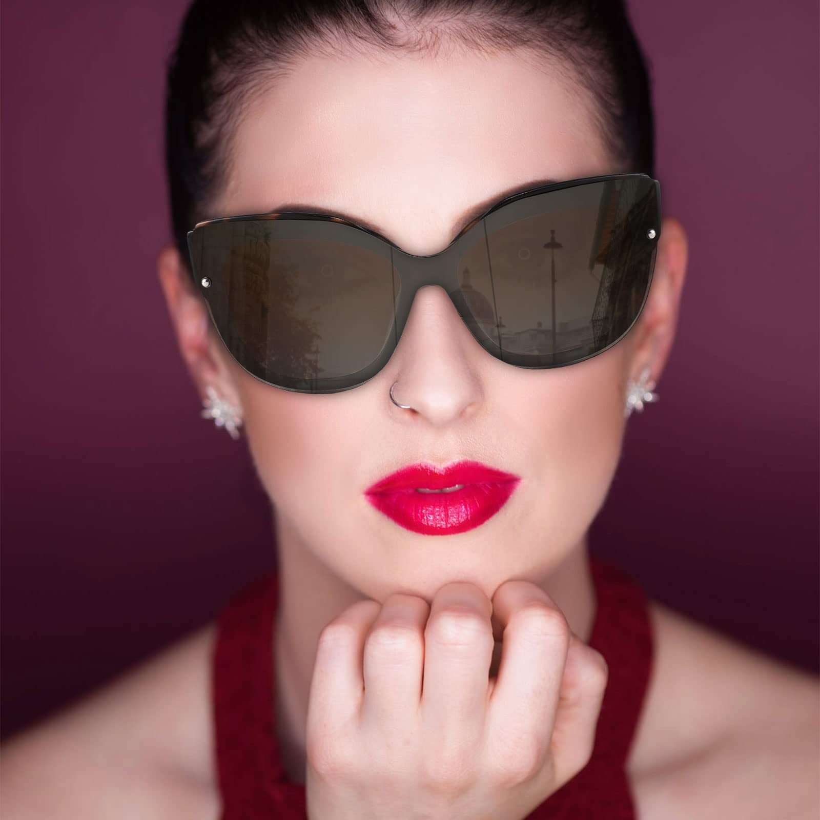 FEISEDY Polarized Cat Eye Sunglasses for Women & Men - Rimless Mirrored Oversized Retro Sunglasses B2796 | UV Protection, Fashion Accessory for Driving, Beach & Outdoor Activities