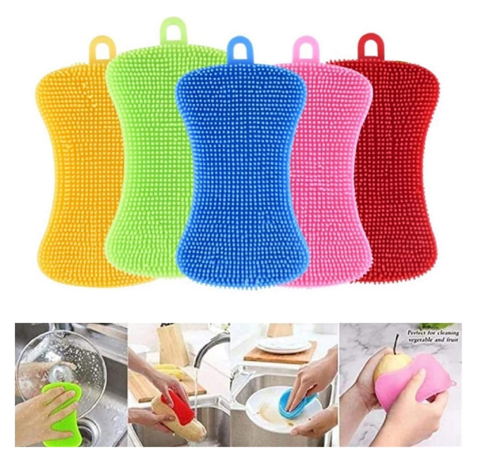 RAAMKA 5-Pack Silicone Sponge - Reusable Double-Sided Silicone Dish Scrubber Sponge for Washing Dishes, Fruits & Vegetables | Eco-Friendly Kitchen Cleaning Sponge for Sinks, Countertops & Cookware