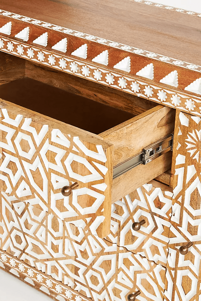 Hand Carved Albaran Buffet Table - Solid Wood Sideboard with Indian Design for Dining Room & Living Room Storage | Rustic Home Decor Furniture for Farmhouse & Traditional Style