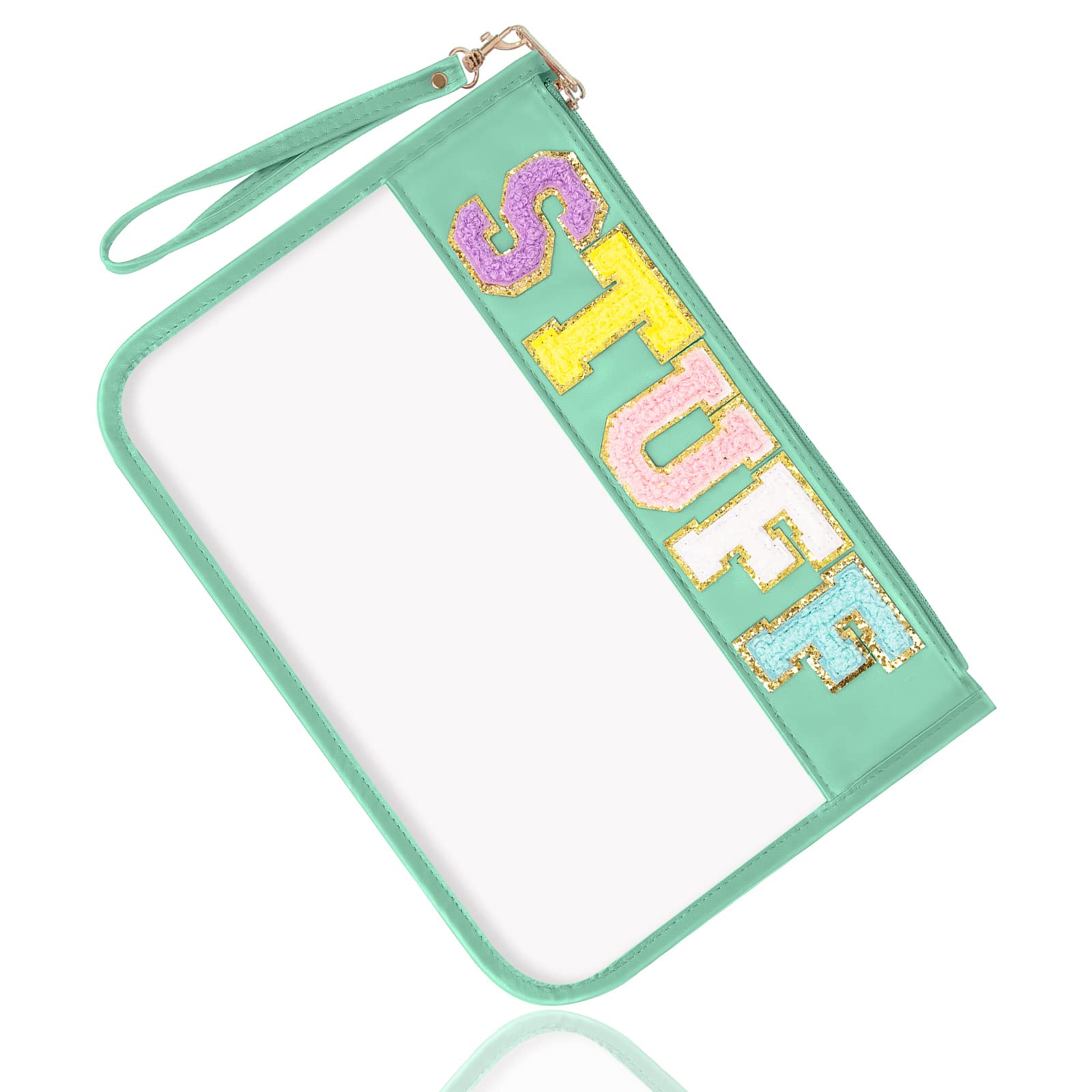 **Chenille Letter Clear Zipper Pouch - Monogram PVC & PU Waterproof Wristlet Clutch for Women & Girls | Glitter Snacks, Makeup, Beach & Toiletry Organizer (STUFF-Green)**    *Perfect for Travel, Gym, Pool Parties & Everyday Essentials Storage*