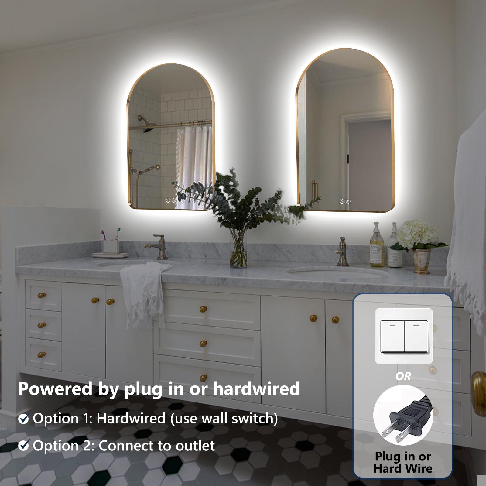 Niccy 40x24 Inch Arched LED Backlit Bathroom Mirror - Brushed Gold Framed Wall Mounted Vanity Mirror with 3 Color Temperature Settings, Shatterproof & Fog-Free Technology - Perfect for Modern Bathrooms, Dressing Rooms & Makeup Areas