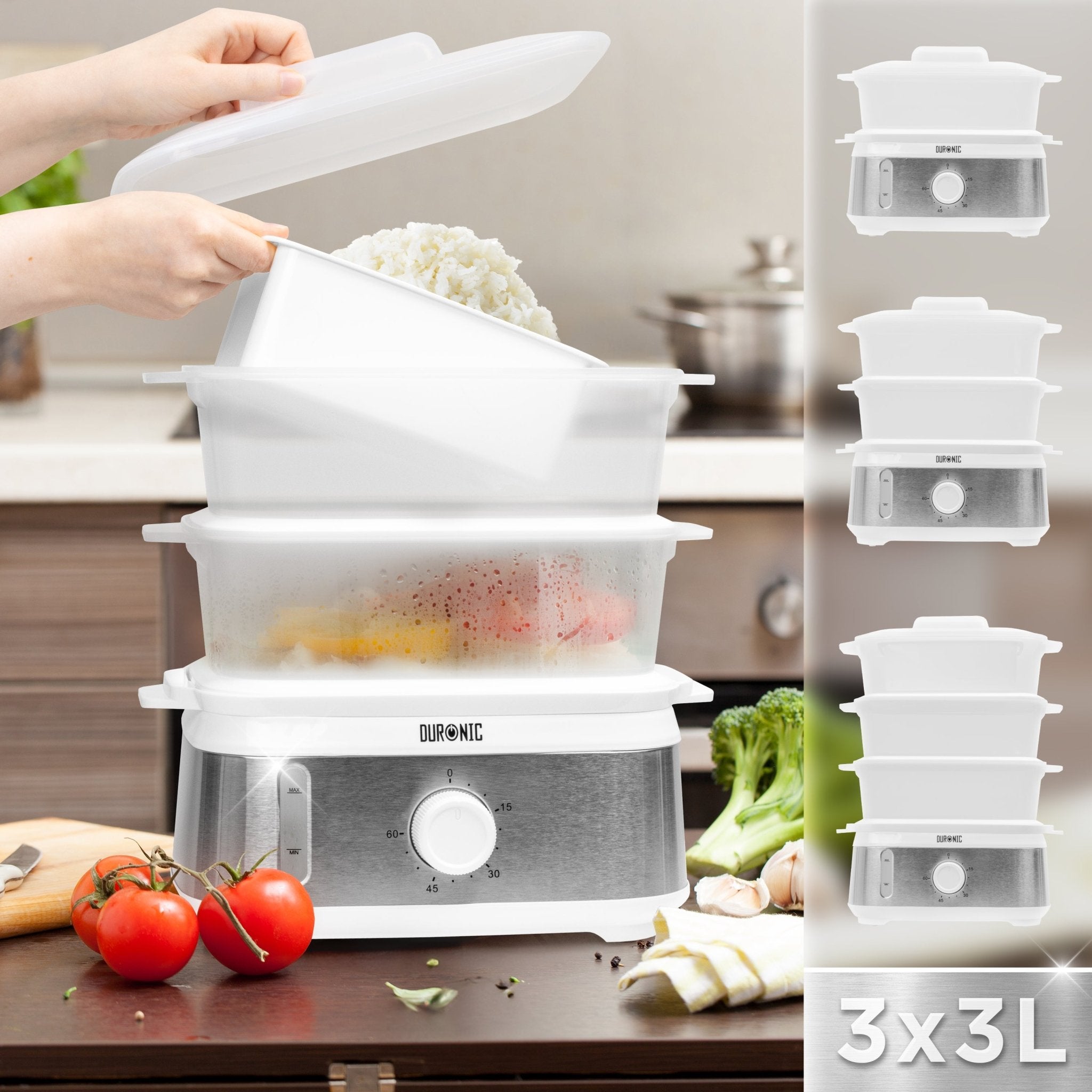 Duronic FS95 3-Tier Electric Food Steamer - 9L Capacity for Vegetables, Rice, Meat, Dumplings & Fish - Healthy Cooking Steamer for Baby Food, Eggs & More - Perfect for Meal Prep & Healthy Eating at Home