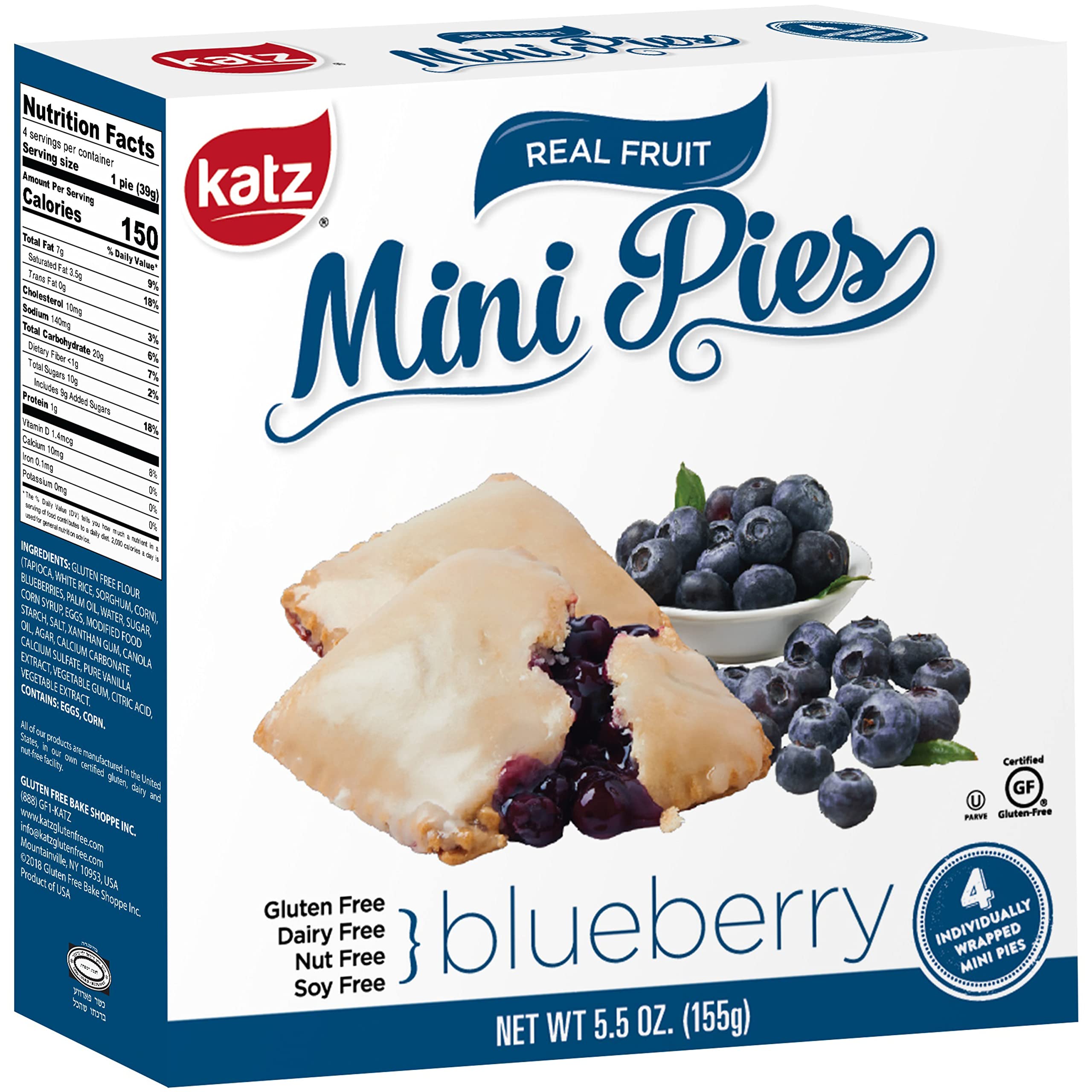 Katz Gluten Free Blueberry Mini Pies - Dairy Free, Nut Free, Soy Free, Kosher Certified (4 Pack, 5.5 oz) - Perfect for Snacks, Desserts & Special Diets