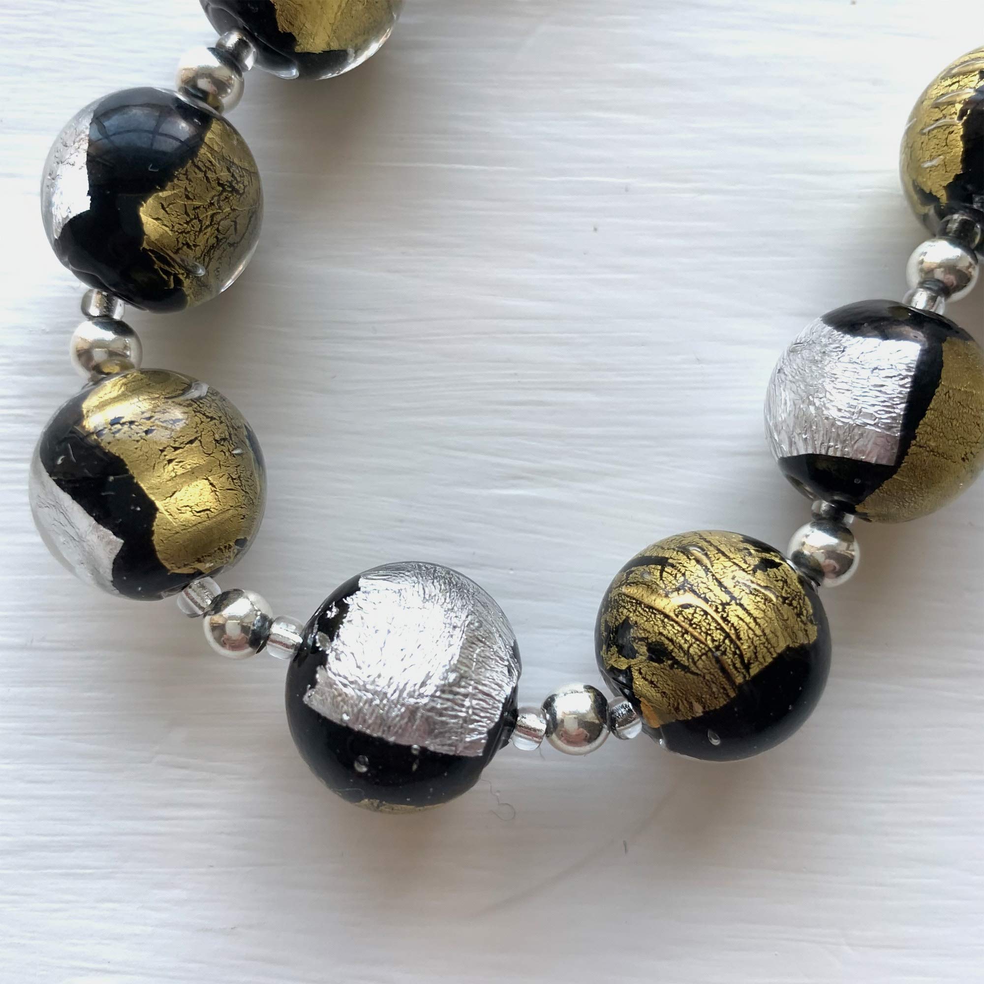 Diana Ingram Sterling Silver Necklace with Black Pastel, Silver & Gold Murano Glass Beads - Elegant Jewelry for Women, Perfect for Parties, Weddings & Special Occasions
