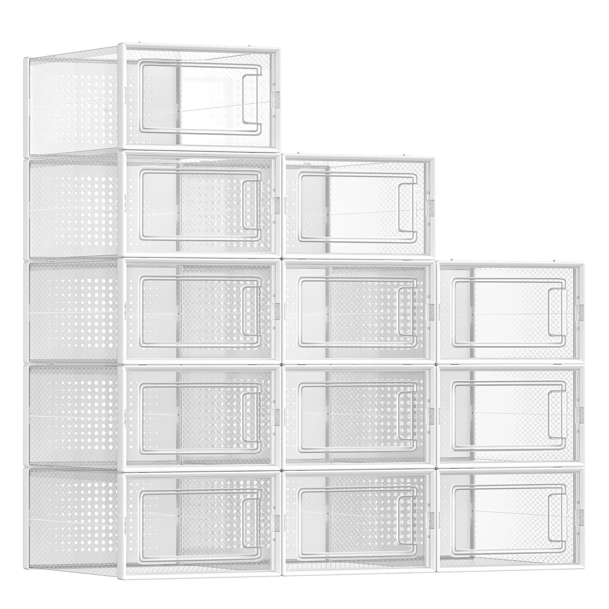 SONGMICS 12-Pack Clear Plastic Shoe Storage Boxes, Stackable Shoe Organizers for Closet - 9.1 x 13.1 x 5.6 Inches, Fits Up to US Men's Size 11 (Transparent & White) | Perfect for Sneaker Collection, Seasonal Shoe Rotation & Small Space Organization