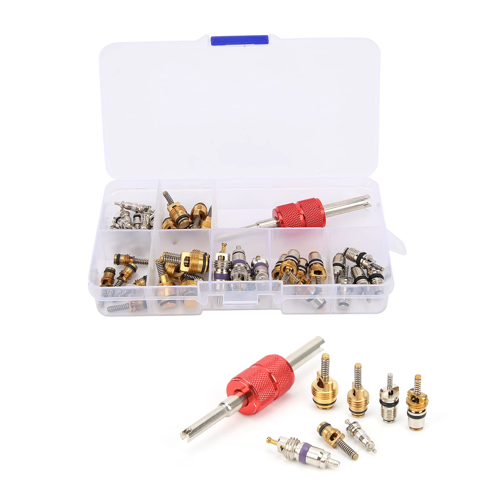 Aramox 40Pcs Car AC Valve Core Kit with Remover Tool - High & Low Pressure Valve Cores Compatible with Most Vehicles & R134a Refrigerant (OE: 5101791AA/5189373AA) - Perfect for AC System Maintenance & Repair