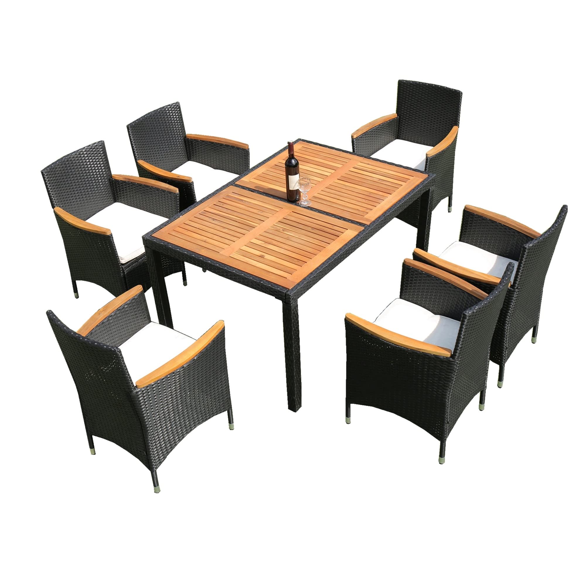 7-Piece Indoor/Outdoor Wicker Dining Set with Rectangle Glass Table & 6 Chairs - Perfect for Patio, Backyard, Garden, and Poolside Entertaining