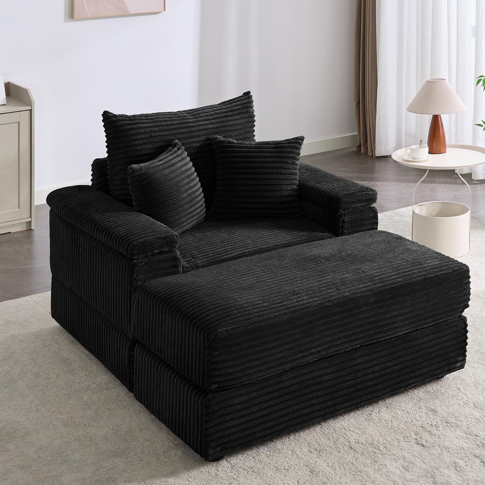 Oversized Chaise Lounge Chair with Ottoman - Reclining Upholstered Corduroy Sofa for Living Room, Comfy Sleeper Chair in Black (42.5