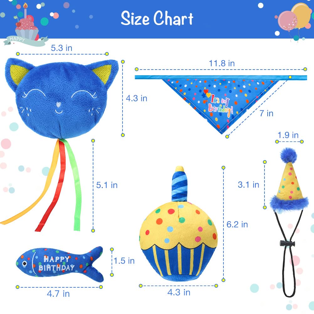 BINGPET Cat Birthday Party Set - Catnip Toys, Birthday Hat, Bandana & Cake Plush for Indoor Cats - Interactive Chew Toys with Crinkle Paper & Catnip (Blue) - Perfect for Birthday Celebrations & Playtime