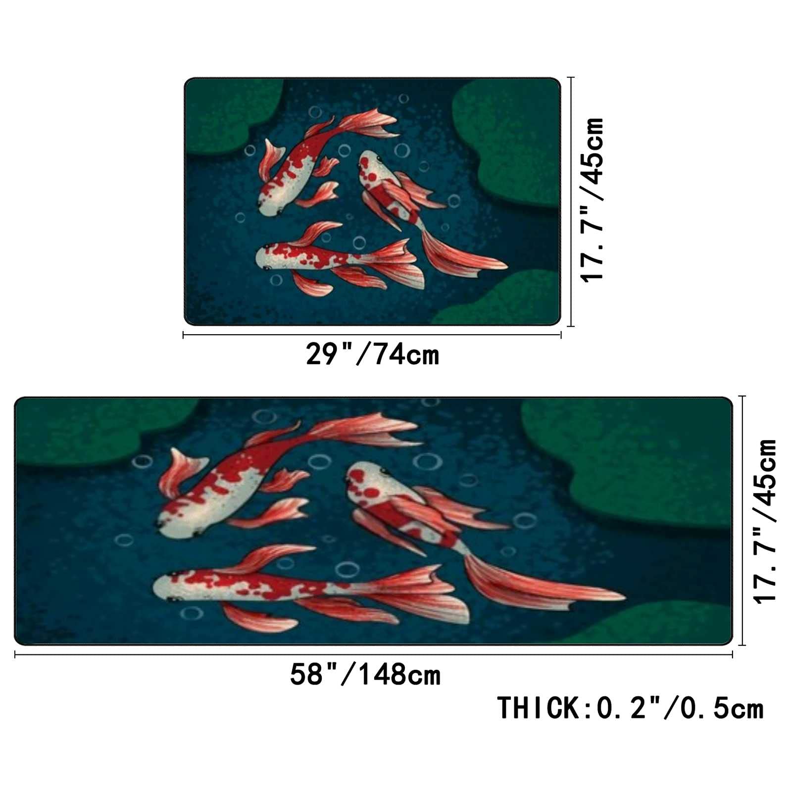 2-Piece Anti-Fatigue Kitchen Rugs and Mats Set - Non-Slip Washable Floor Mats with Asian Koi Fish Design for Comfortable Standing - Perfect for Kitchen, Home, and Office Workspaces