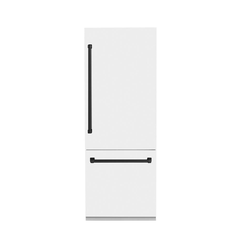 ZLINE Autograph Edition 30 Inch Built-In Bottom Freezer Refrigerator - 16.1 cu ft Capacity, Water Dispenser & Ice Maker - White Matte Finish with Matte Black Accents (RBIVZ WM 30 MB) - Perfect for Modern Kitchens & Open Concept Homes