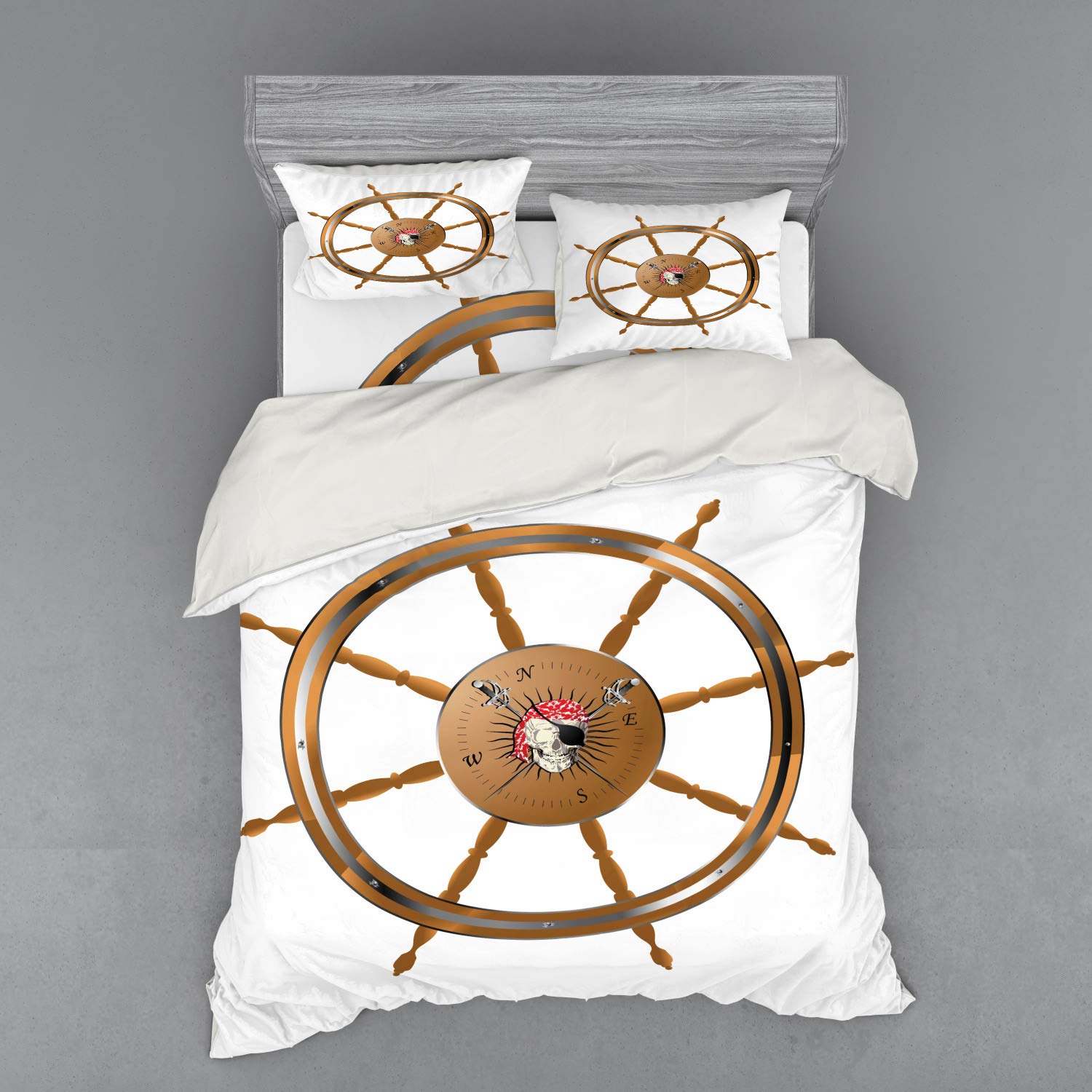 Ambesonne Pirate Themed Bedding Set - Queen Size 4-Piece Duvet Cover with Shams & Fitted Sheet, Wooden Steering Wheel & Skull Design in Brown & Black - Perfect for Nautical Decor, Pirate Lovers & Ocean Inspired Bedrooms