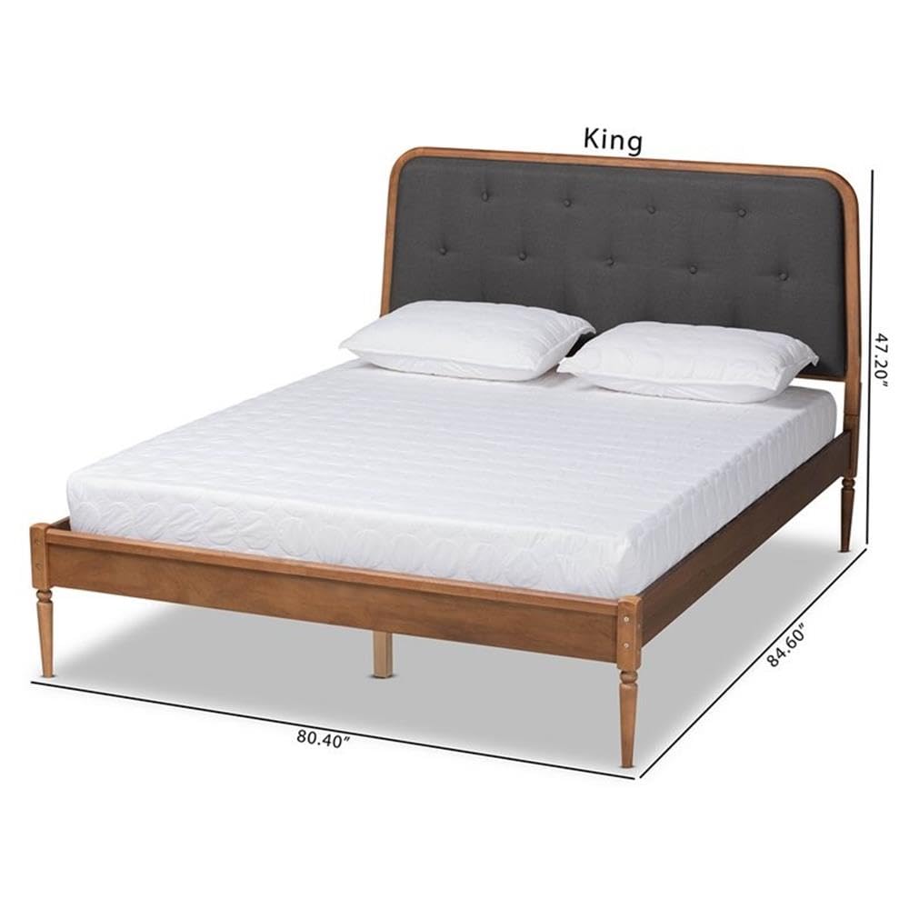 Baxton Studio Diantha Full Size Platform Bed - Dark Grey Fabric Upholstery with Walnut Brown Wood Finish | Classic Traditional Bedroom Furniture for Home Decor