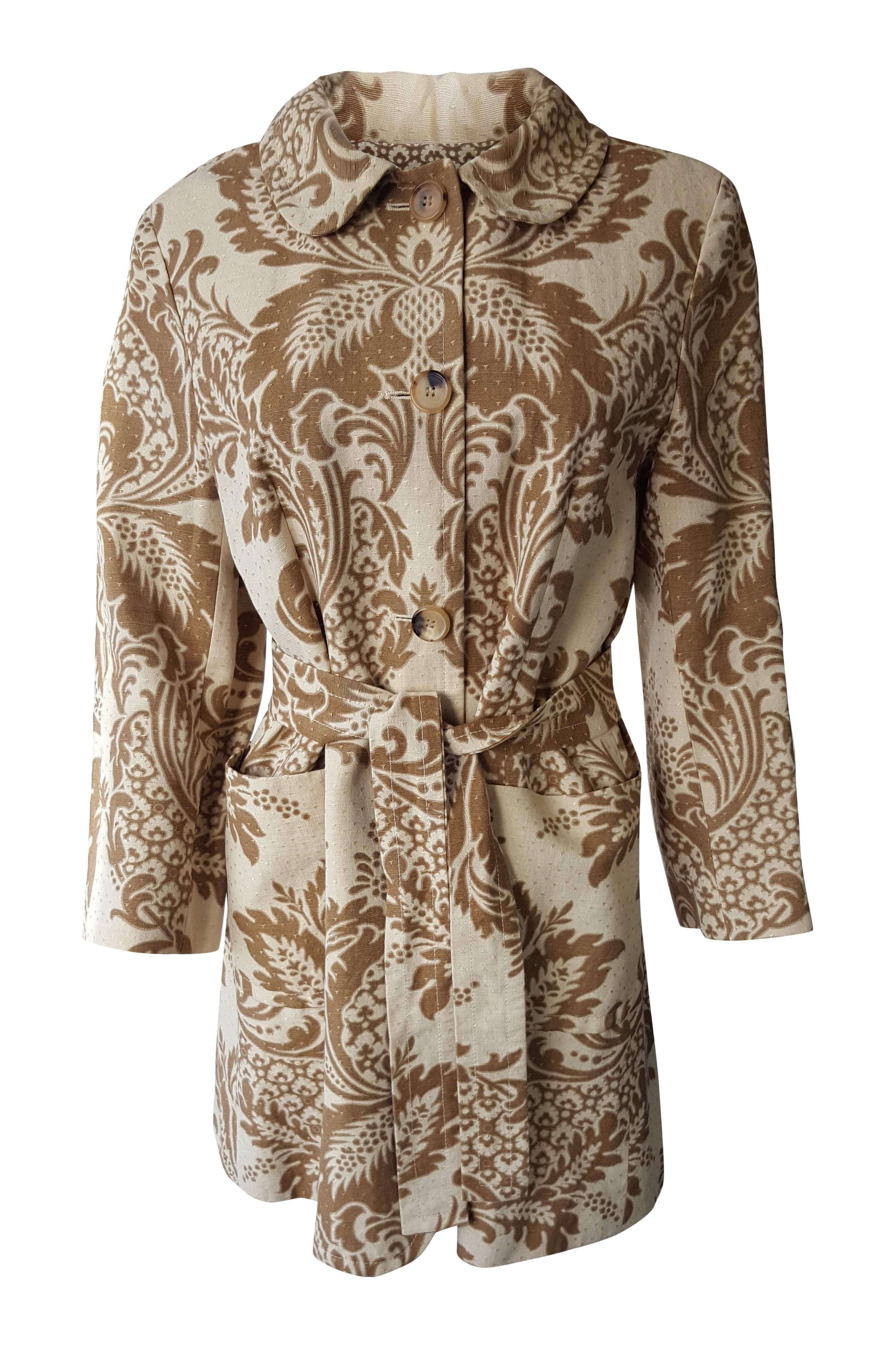 DKNY Women's Brown Linen Blend Floral Print Belted Coat - Size UK 8 (US 4) - Lightweight Spring/Summer Trench Coat for Office, Travel & Casual Outings