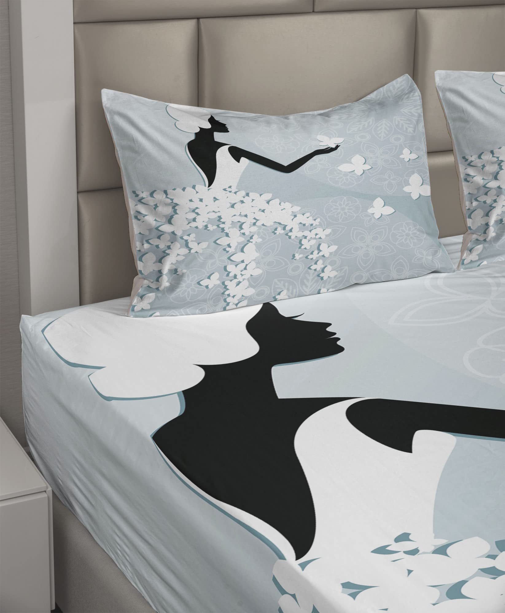 Ambesonne 4-Piece King Size Bridal Shower Sheet Set - Bride in Butterfly Dress Floral Print Bedding with Fitted Sheet, Flat Sheet & Pillowcases - Pale Blue & White Wedding Celebration Decor - Perfect for Bridal Showers, Honeymoon Suites & Guest Room Decor