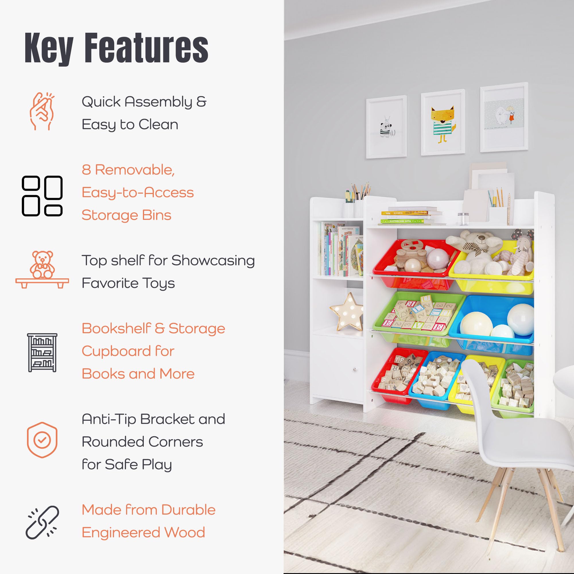 Kids Toy Storage Organizer with Bookshelf - Playroom Organization Unit with Removable Colorful Bins & Anti-Tip Safety Bracket - Multi-Color Toy Shelf for Bedroom, Nursery, and Classroom Organization