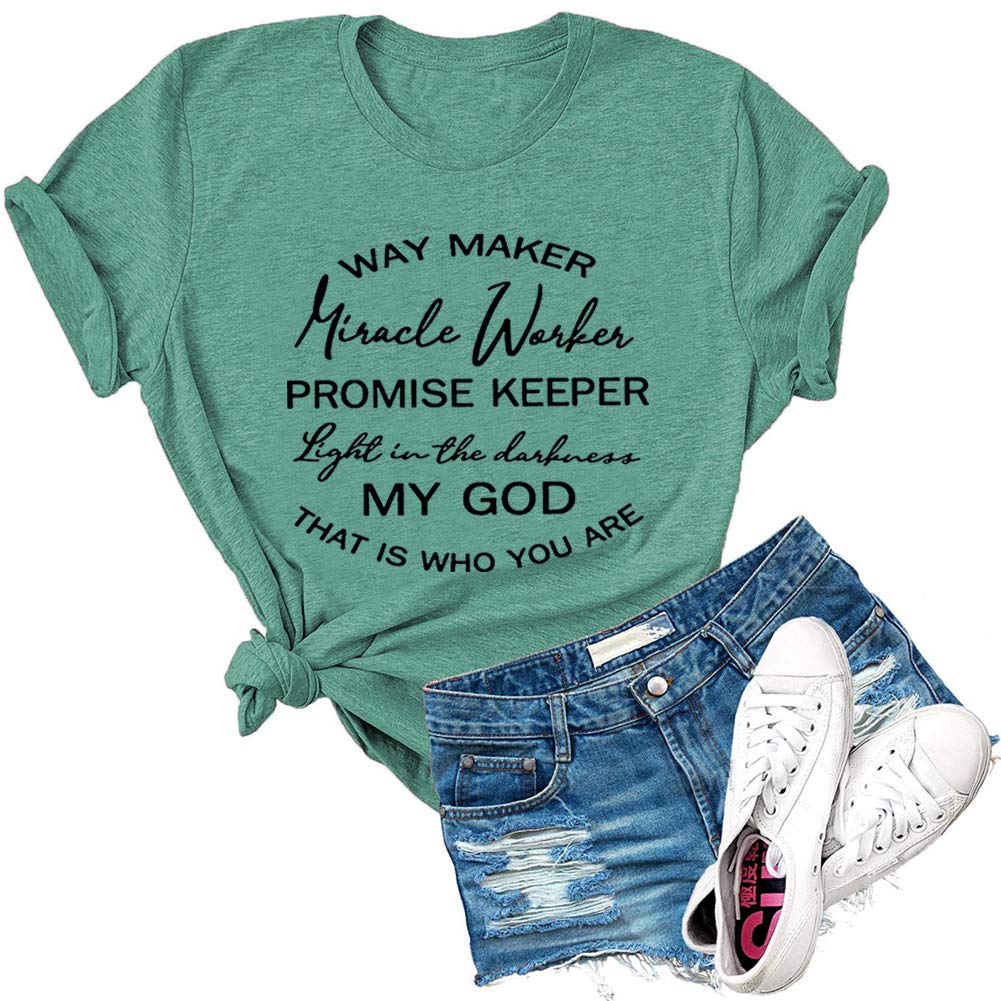 Christian Print T-Shirt for Women - Way Maker Miracle Worker Promise Keeper Light in The Darkness - Inspirational Faith-Based Tee for Church, Bible Study & Daily Wear