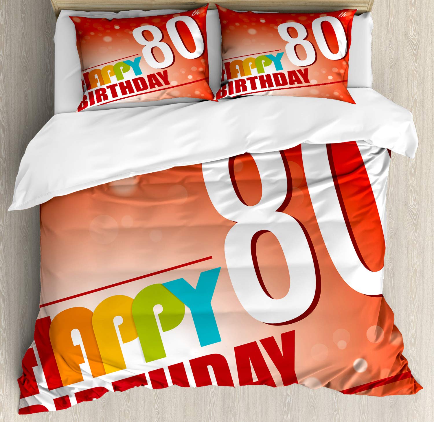 Ambesonne 80th Birthday Duvet Cover Set - Colorful Abstract Design 3-Piece Bedding with 2 Pillow Shams for California King Beds in Red Vermilion & White - Perfect for 80th Birthday Party Decorations & Wise Age Themed Bedroom Decor