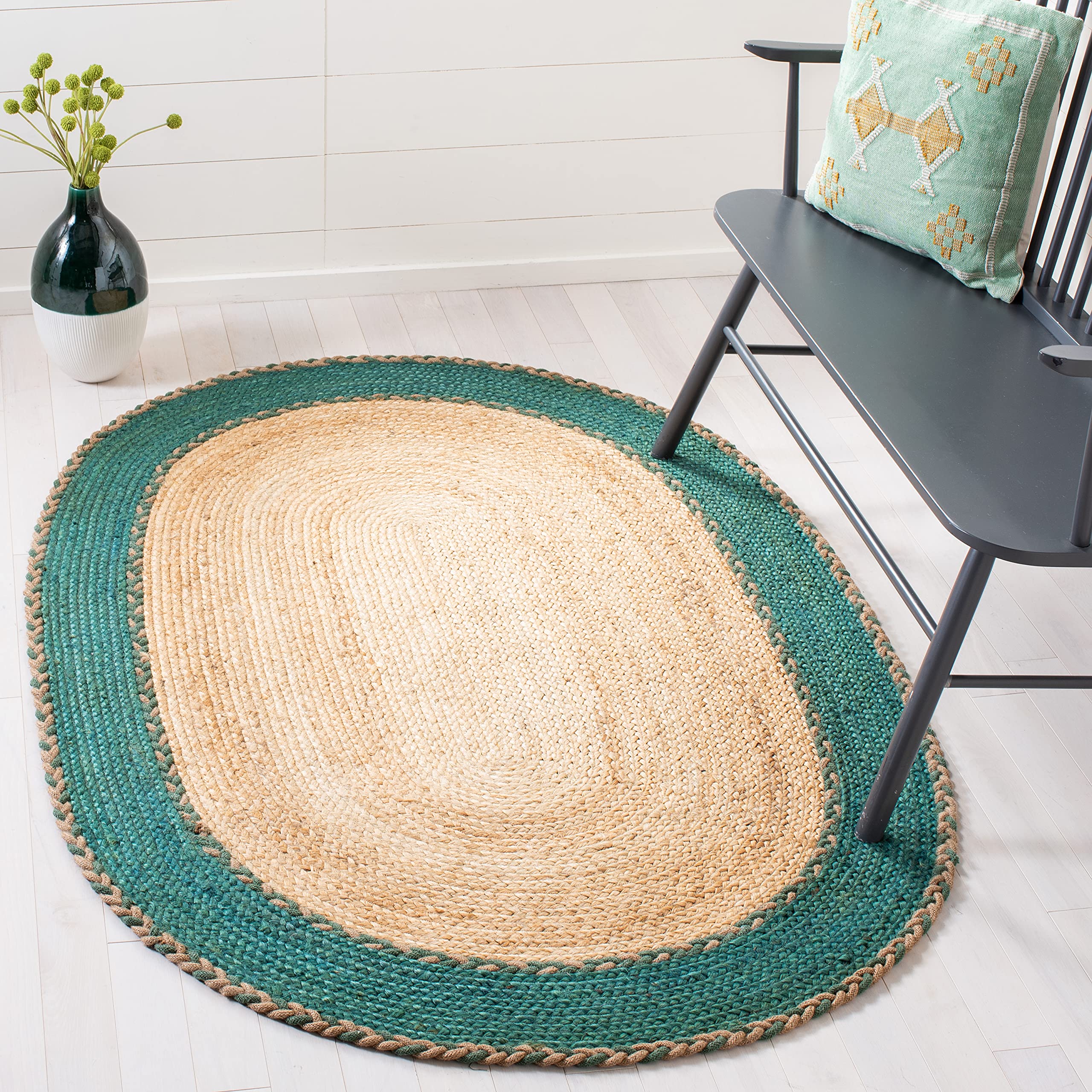 SAFAVIEH Handmade Jute Area Rug 6' x 9' Oval - Natural & Green, Eco-Friendly Natural Fiber Collection for Living Room, Bedroom, High Traffic Areas | Durable Floor Covering for Home Decor (NFB261Y)