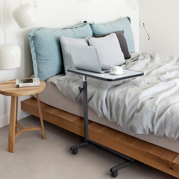 Adjustable Rolling Bedside Table with Brakes - Sturdy MDF & Iron Frame, 4-Wheel Mobility in Silver Grey - Perfect for Small Spaces, Nursing Homes & Dorm Rooms