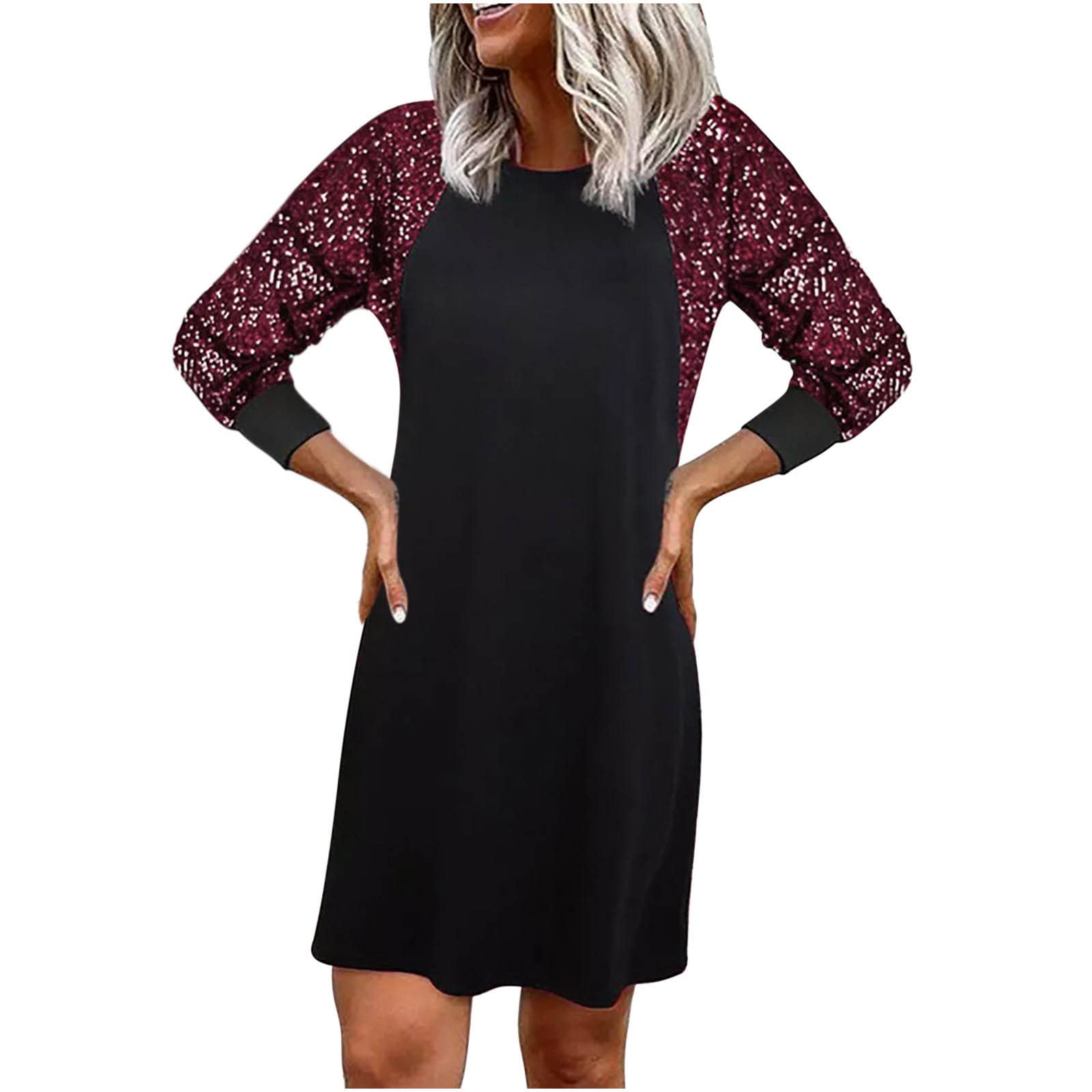 Dubras Women's Long Sleeve Sequin Patchwork Party Dress - Elegant O-Neck Pullover Tunic Top for Night Out, Club Wear, Holiday Celebration and Special Occasions