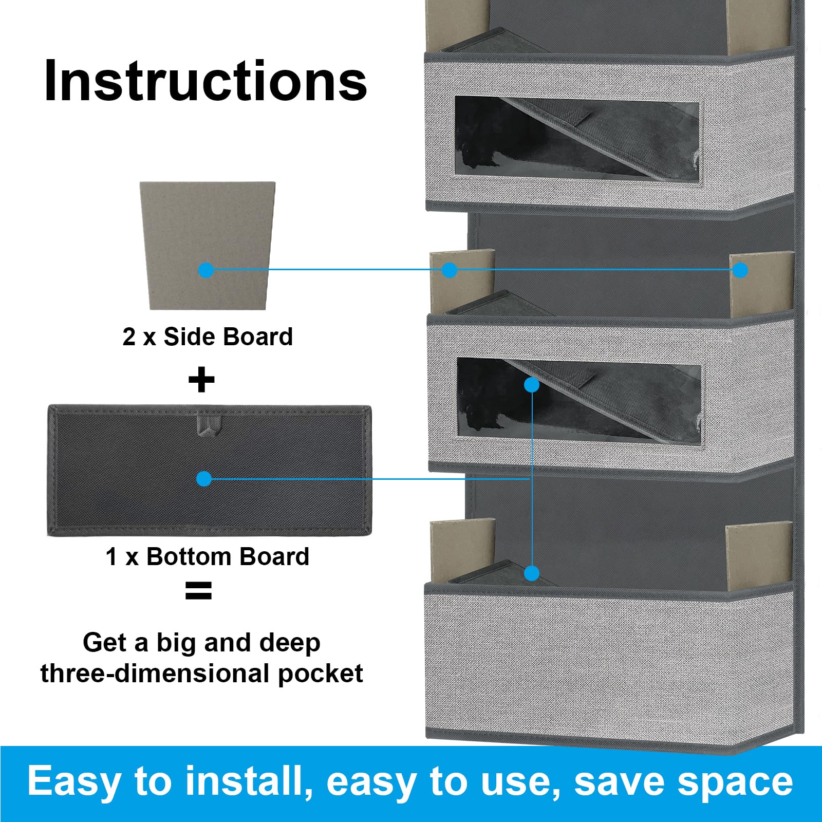 Homyfort Over The Door Hanging Organizer with 5 Large Pockets & Clear Windows - Wall Mount Storage for Pantry, Nursery, Bathroom, Kitchen, Closet & Dorm - Perfect for Diapers, Toiletries & Small Items (Grey)