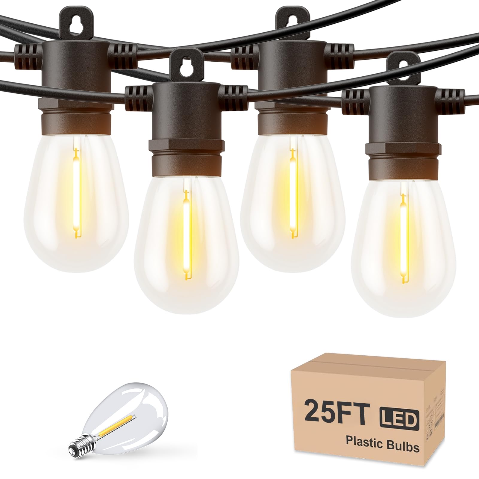 25 FT Outdoor String Lights LED Waterproof IP65 - Shatterproof S14 Bulbs, Warm White Patio Lights for Garden, Backyard, Cafe & Bistro Decor | Perfect for Weddings, Parties & Outdoor Dining