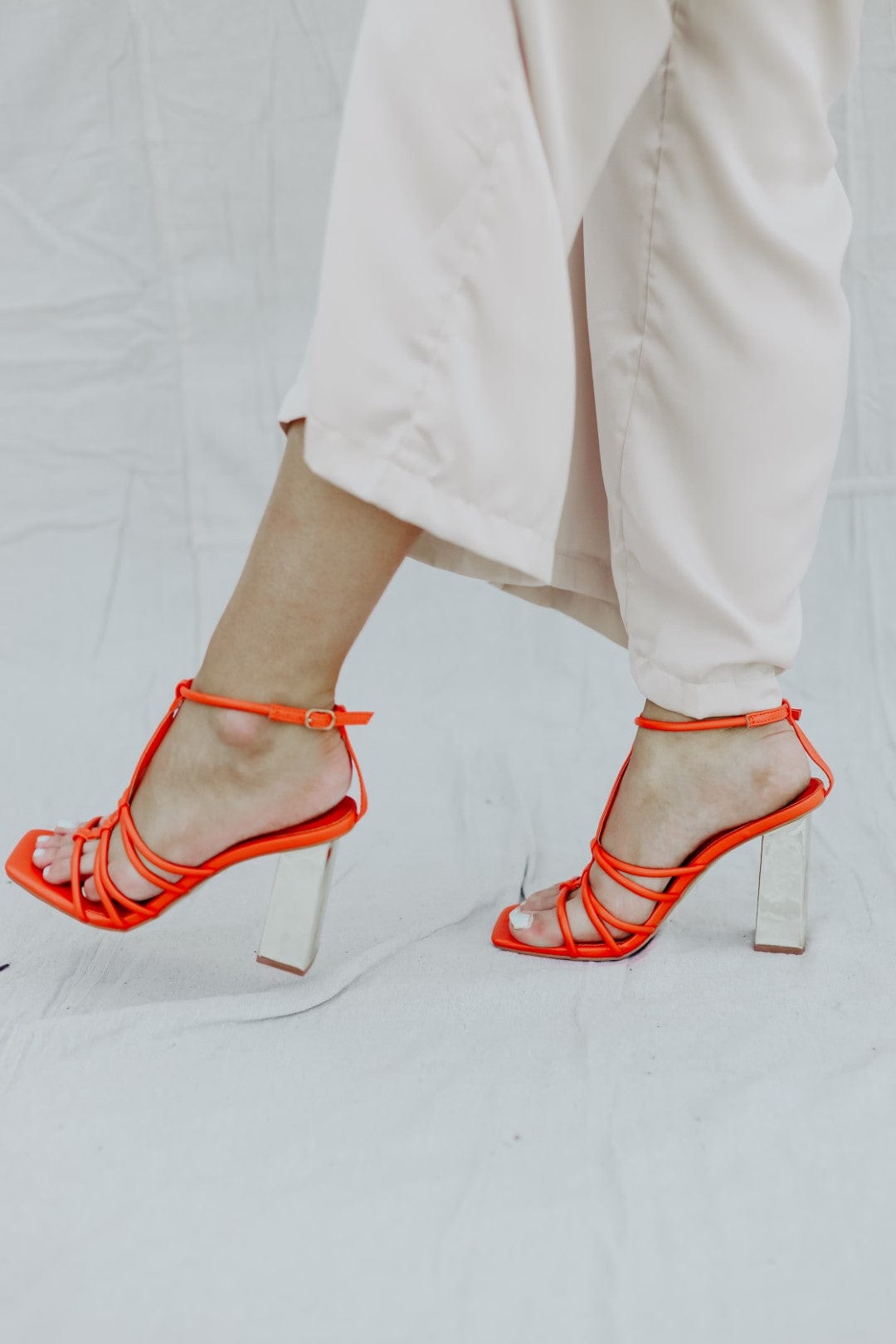 Orange Strappy Gold Block Heels - Women's Fashion Sandals for Party, Wedding & Evening Events | Comfortable High Heels for Night Out & Special Occasions