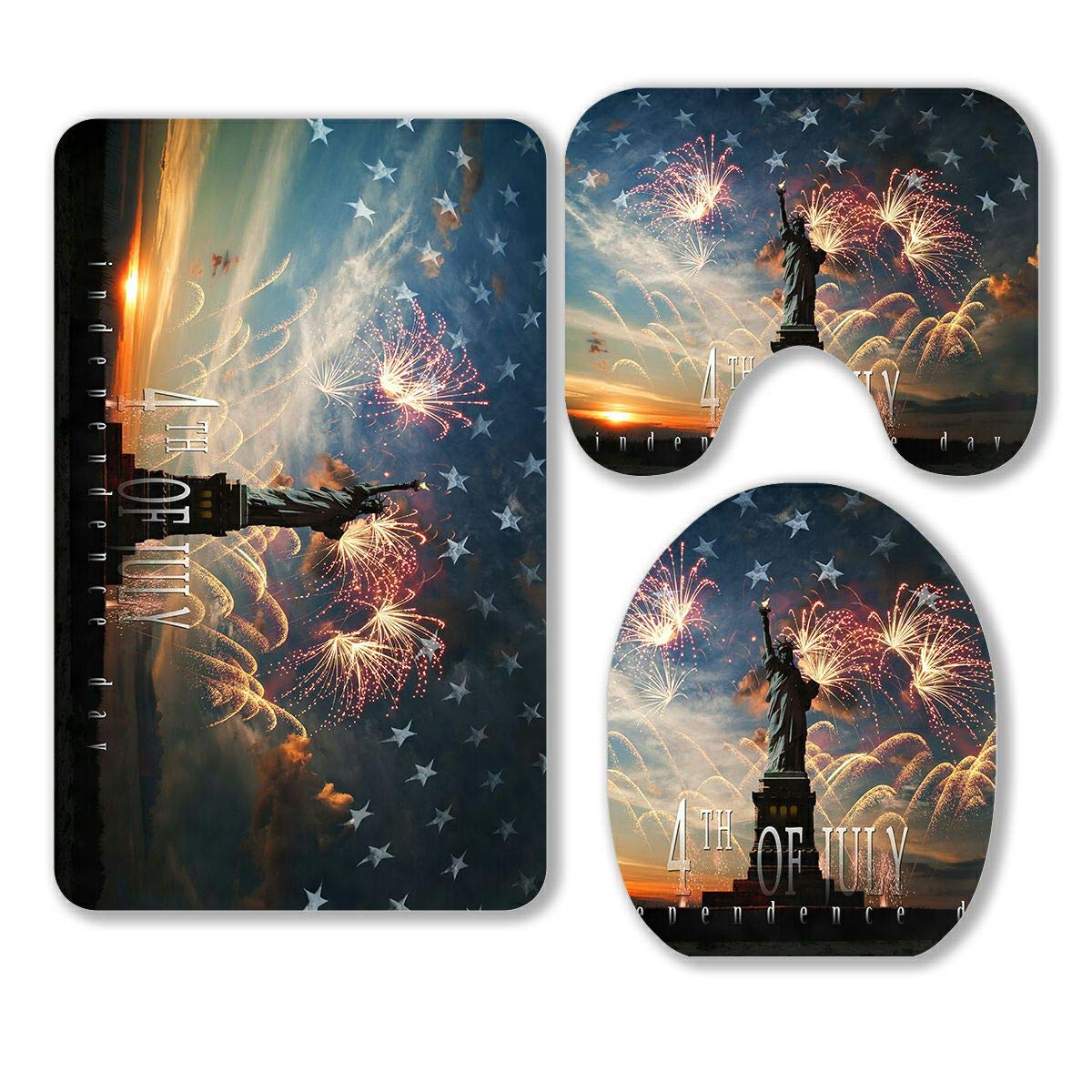 Statue of Liberty USA Flag Sunrise Fireworks Bathroom Rug Set - 3 Piece Contour Mat & Toilet Cover for Patriotic Home Decor | Perfect for 4th of July, Memorial Day & American-Themed Bathrooms