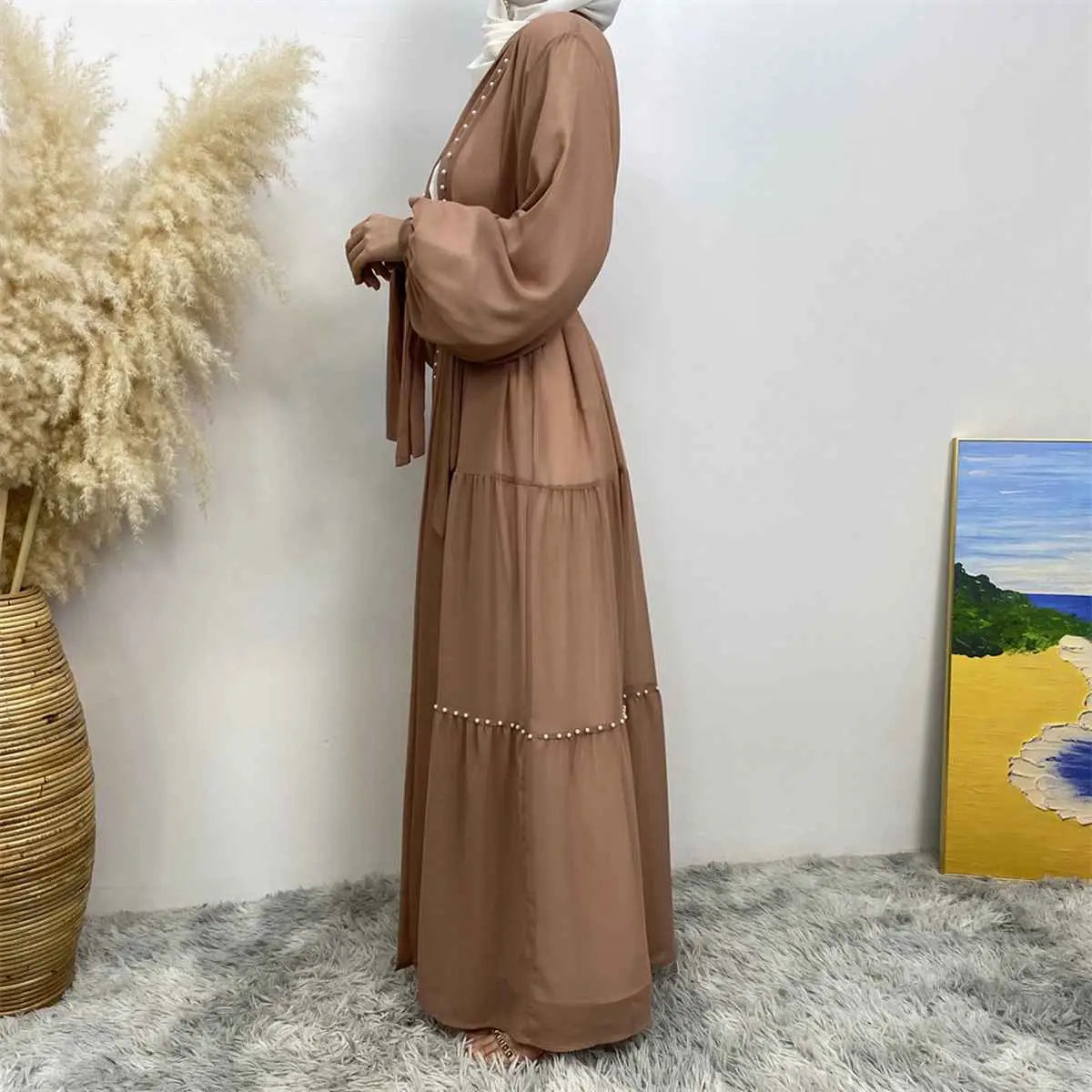 Elegant Muslim Women's Chiffon Beaded Open Abaya Dress - Modest Islamic Prayer Dress for Mosque, Eid & Special Occasions
