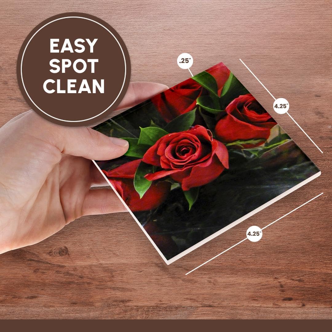 3D Rose Ceramic Tile Coasters Set of 4 - Elegant Red Roses on Black Background for Coffee Table, Bar, or Home Decor