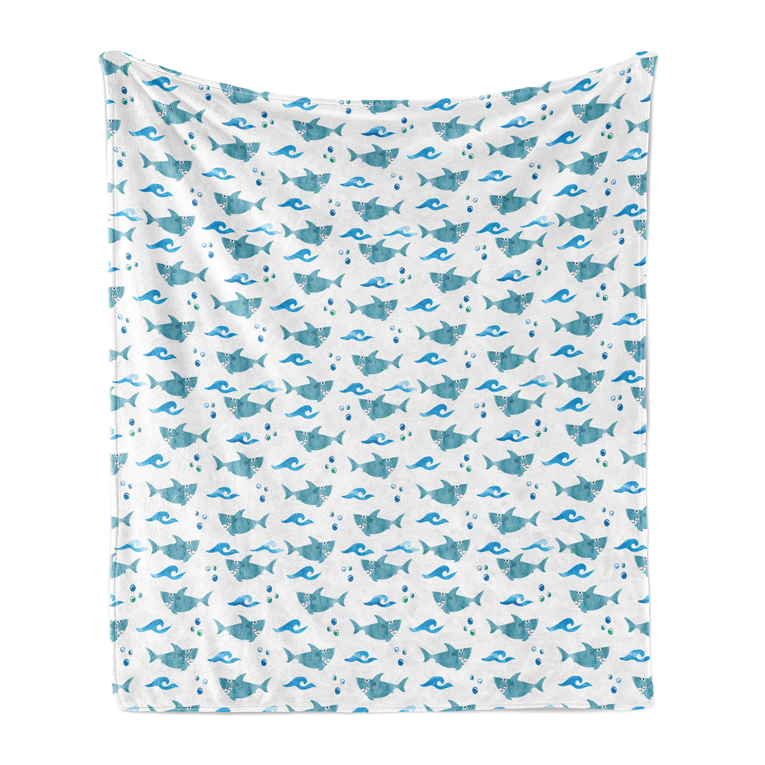 Ambesonne Shark Throw Blanket - Soft Flannel Fleece Blanket with Watercolor Shark Design, Silly Expressions, Bubbles & Sea Waves - 50