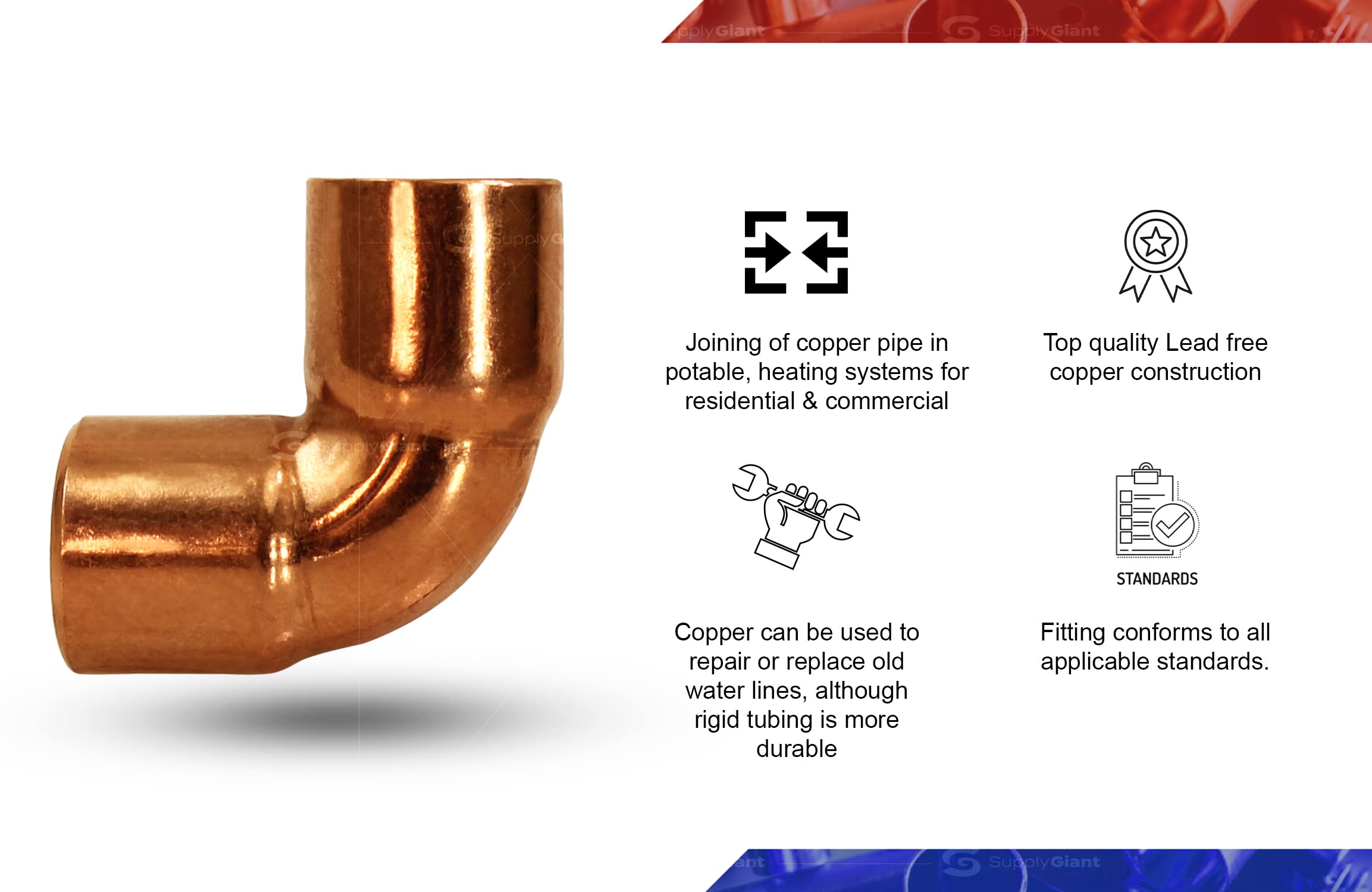 90-Degree Short Turn Sweat Elbow Copper Fitting 1-1/4 Inch - Plumbing & HVAC Pipe Connector for Water Supply & Heating Systems
