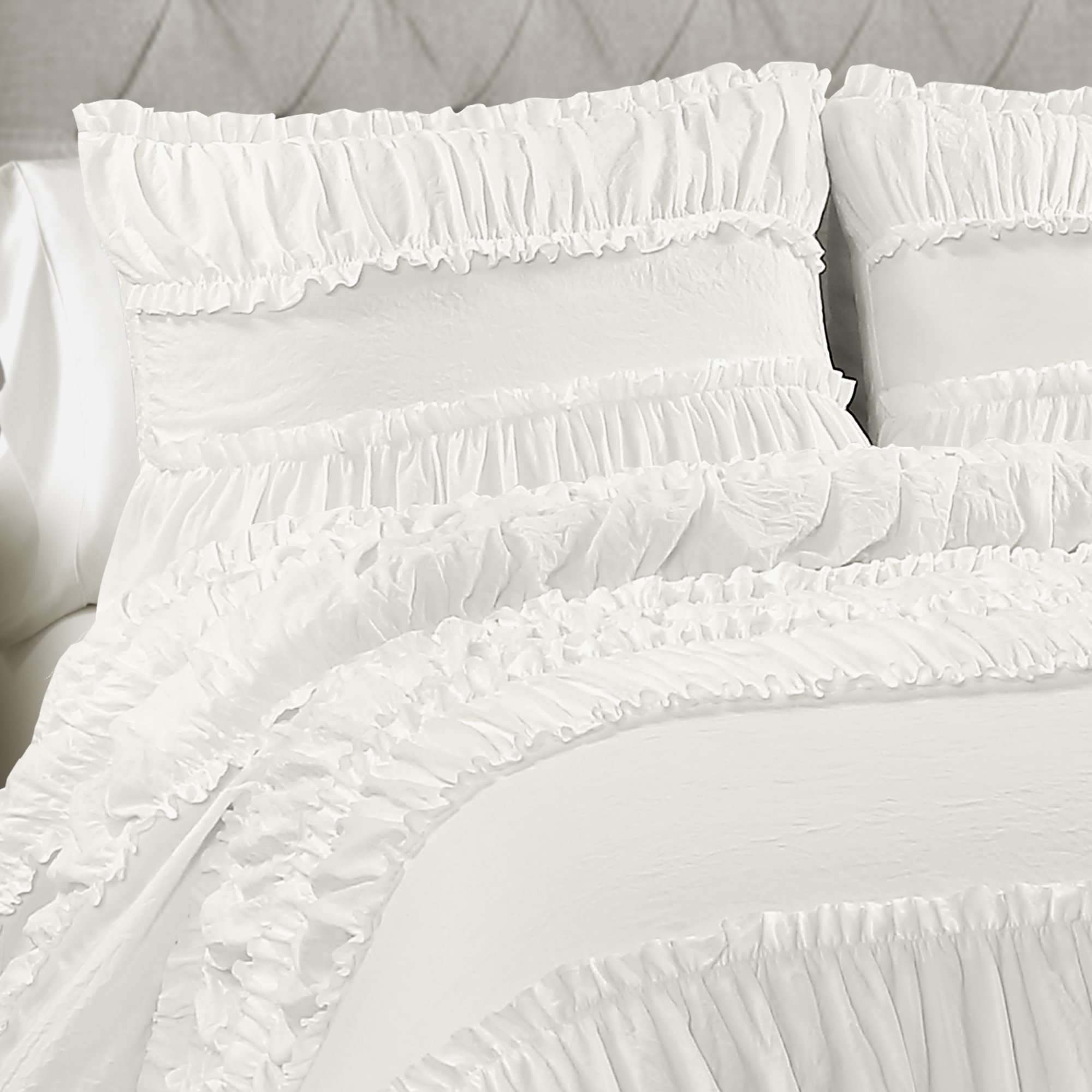 Lush Decor Nova Comforter Set - 3 Piece Ruffled Shabby Chic Farmhouse Bedding with Ruched Details, Full/Queen Size, White - Perfect for Master Bedroom, Guest Room & Cozy Farmhouse Decor