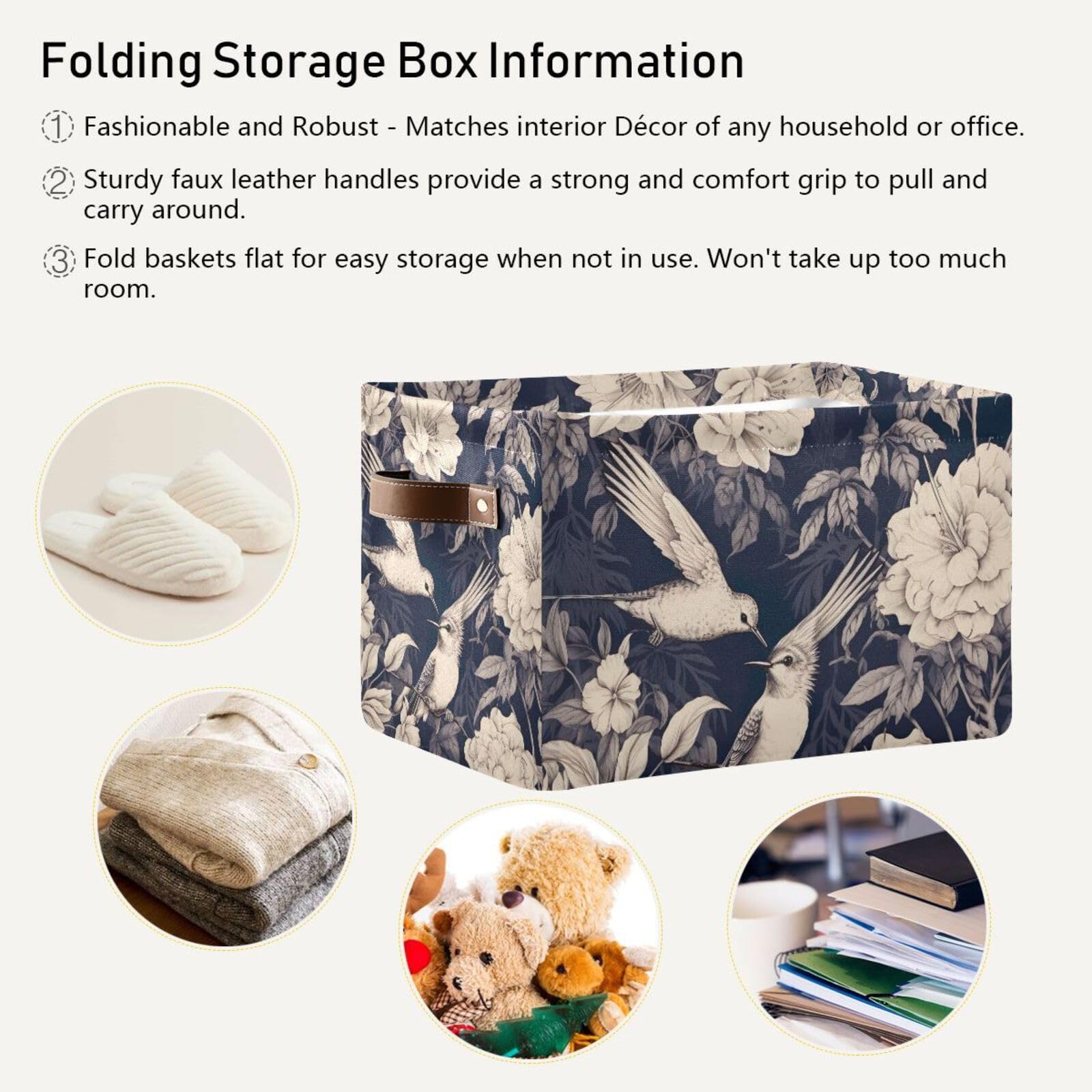 2PCS Large Foldable Storage Baskets with Floral Hummingbird Design - Collapsible Fabric Bin Cube Organizer for Home, Closet, Nursery & Office Organization